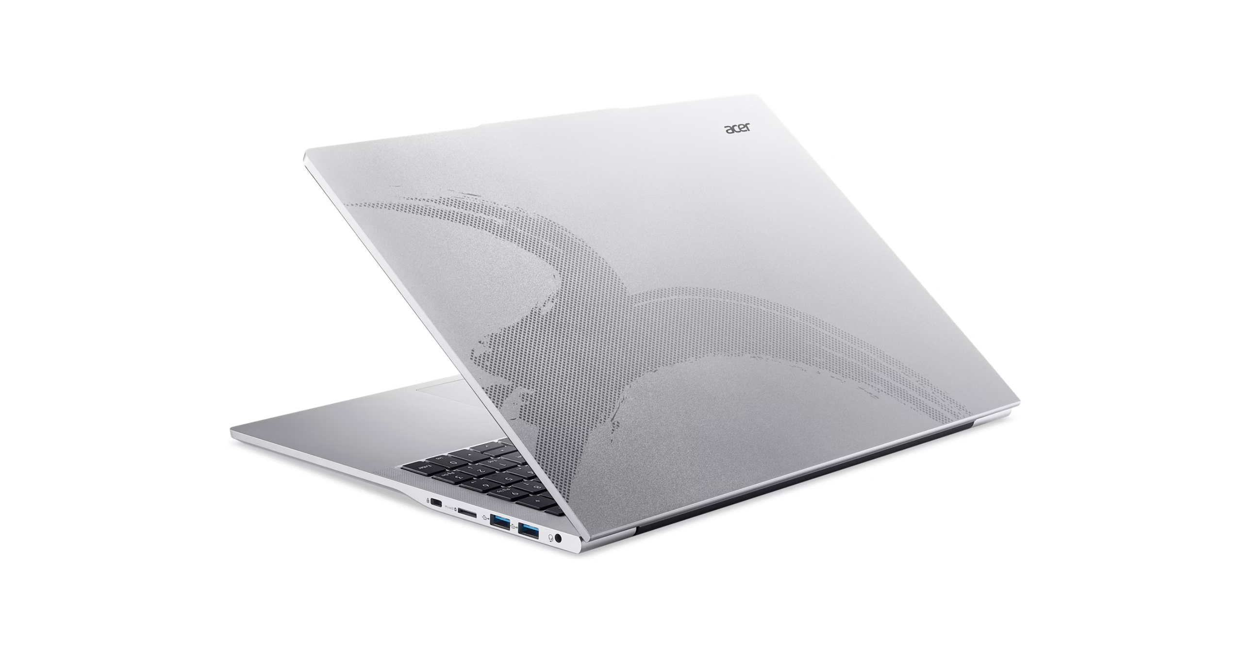 Gümüş rengi Acer dizüstü bilgisayar, yan tarafı klavye ve portlar görünür.