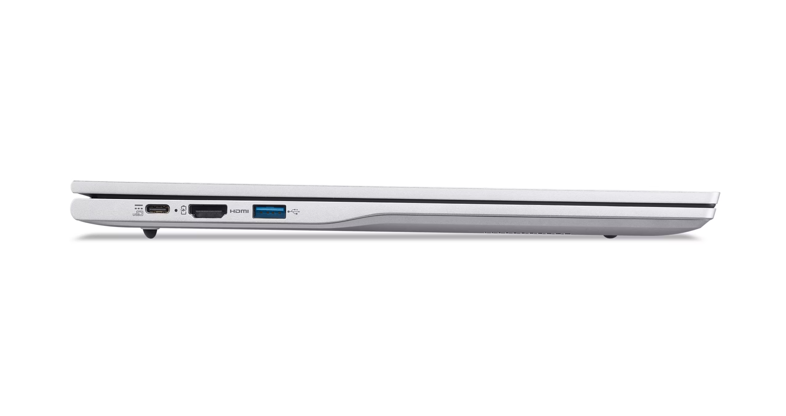 Gümüş renkli dizüstü bilgisayarın yanında USB-C, HDMI ve USB-A bağlantı noktaları bulunur.
