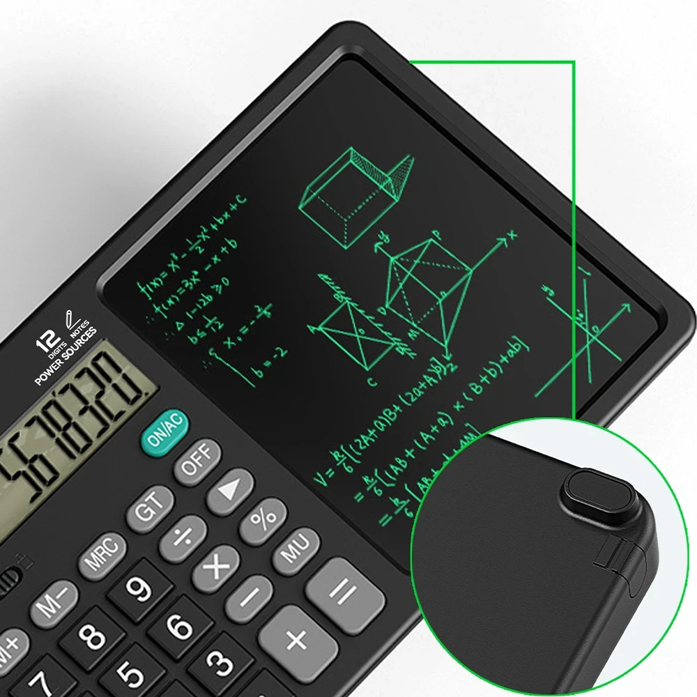 Matematik formülleri ve diyagramları gösteren LCD ekrana sahip siyah bir hesap makinesi.