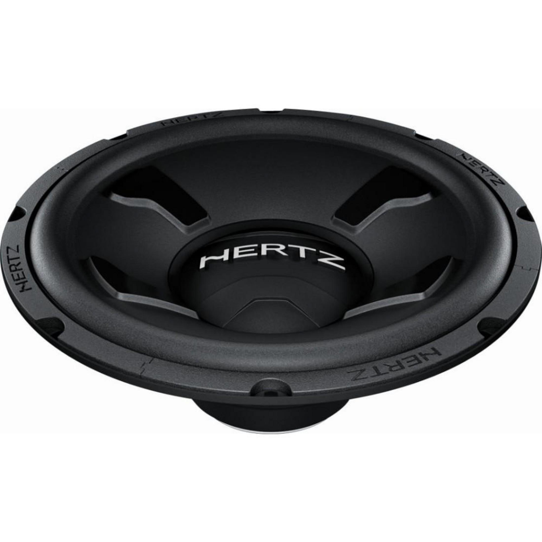Schwarzer Hertz-Subwoofer mit geprägtem Logo in der Mitte und auf dem Rand.