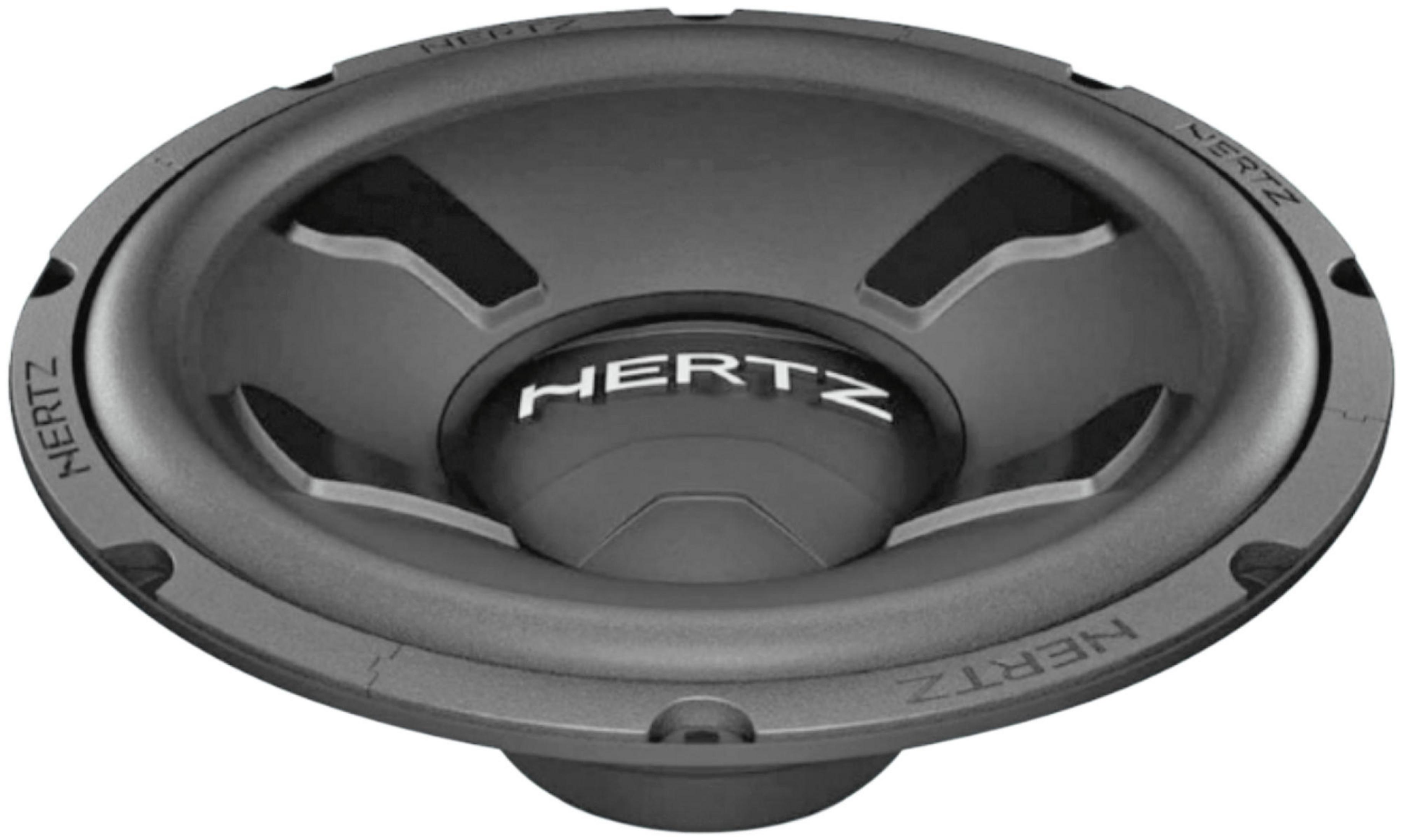 Ein schwarzer Hertz-Subwoofer mit silbernem Logo in der Mitte.