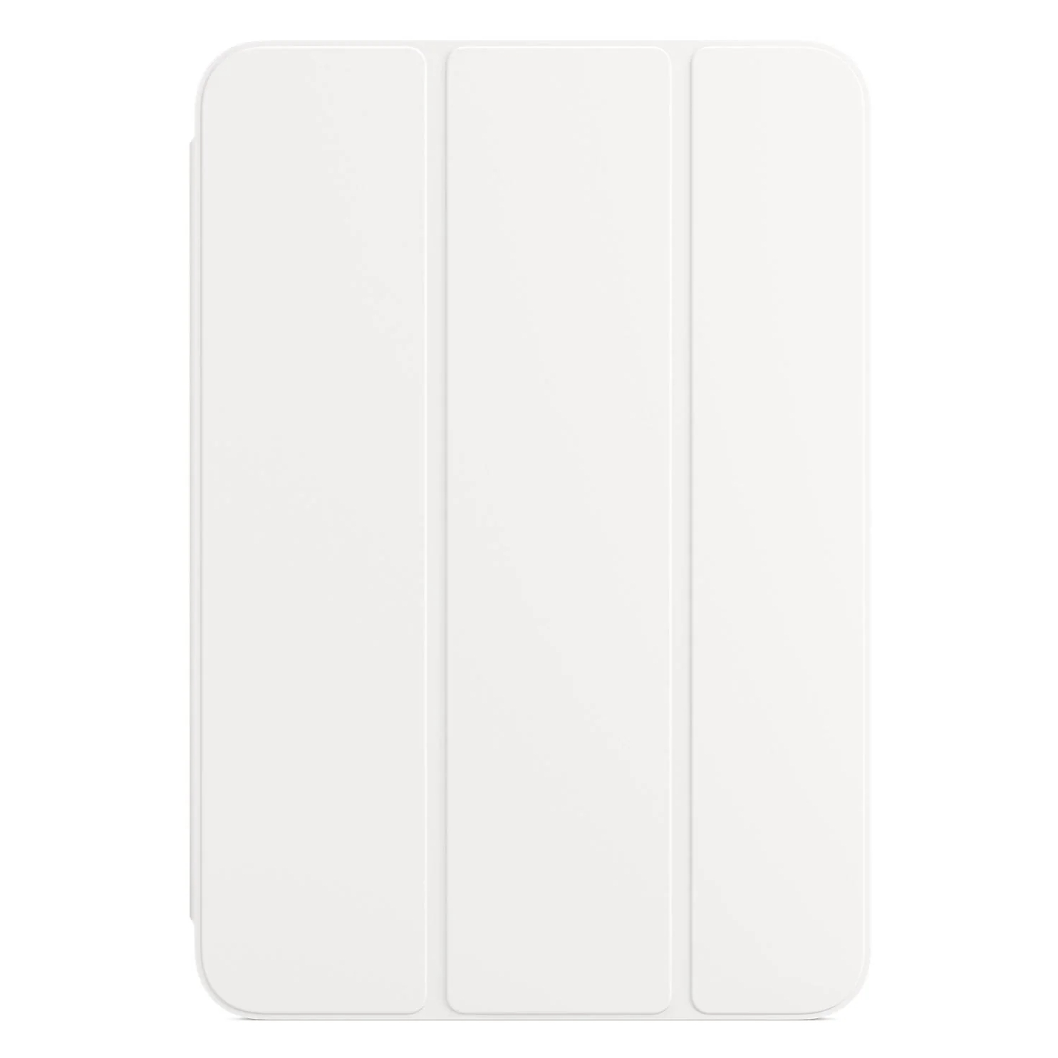 A white tablet case with three vertical folds that open to the left.