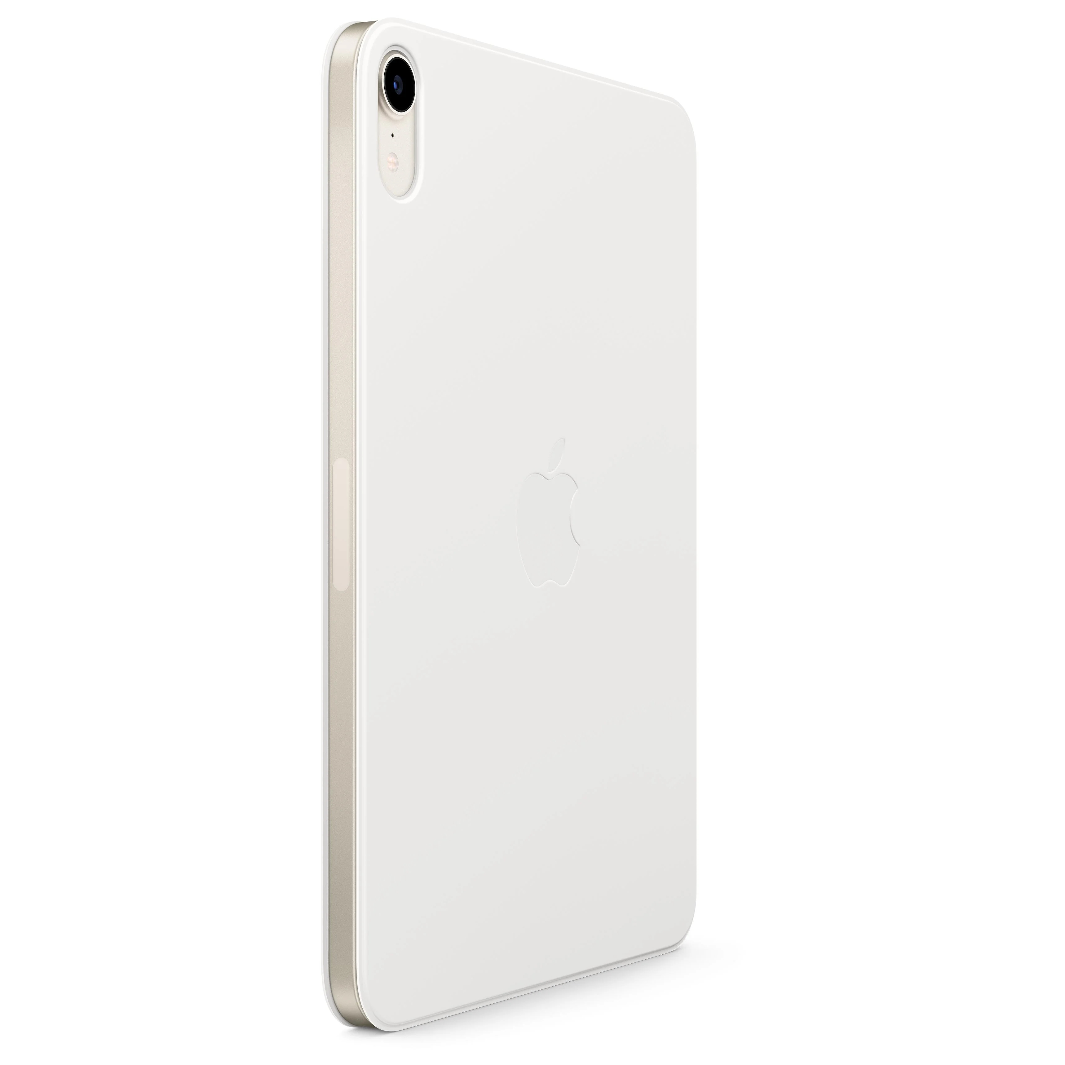 A white iPad with an Apple logo on the back and a camera at the top.