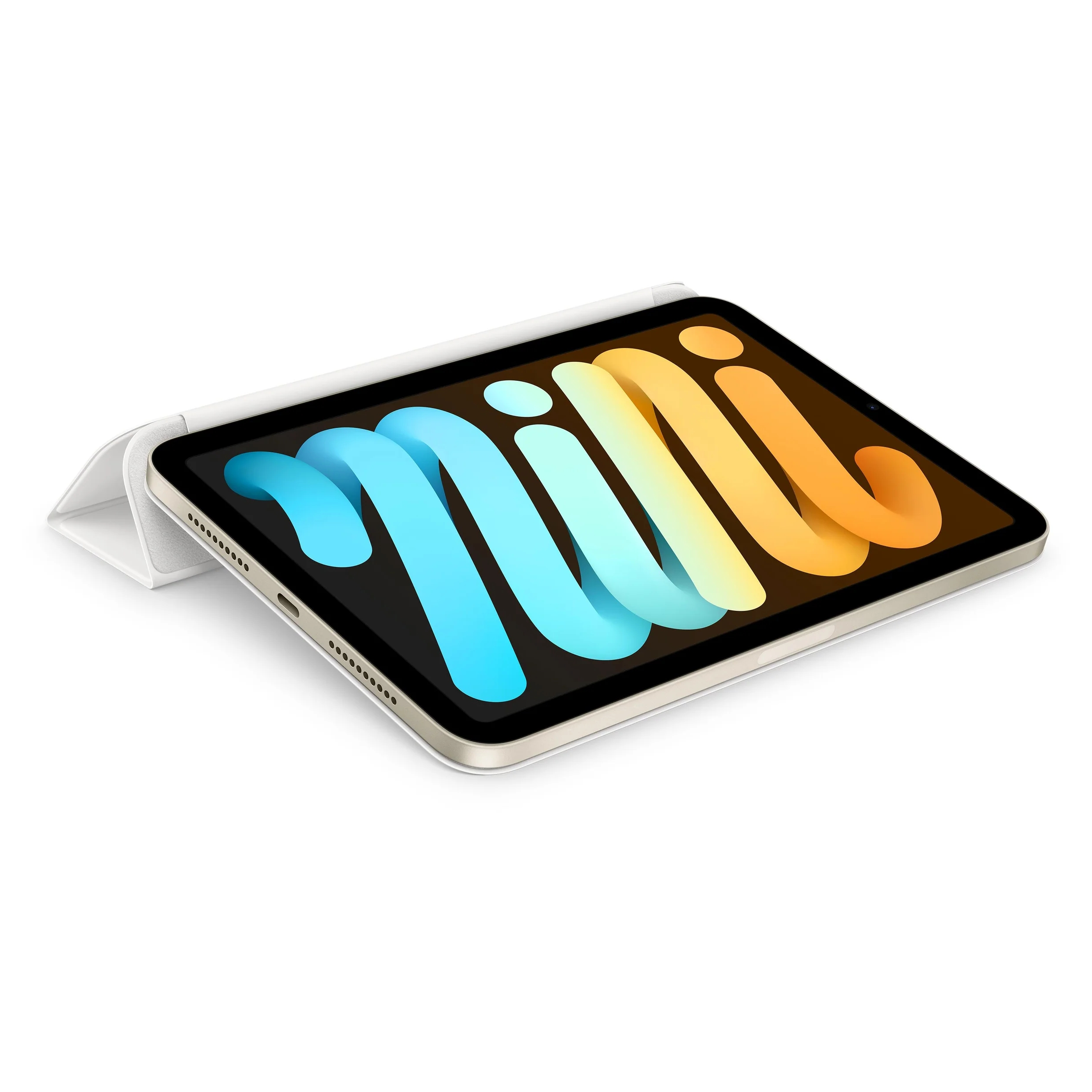 A gold iPad Mini in a white case with a stylus.