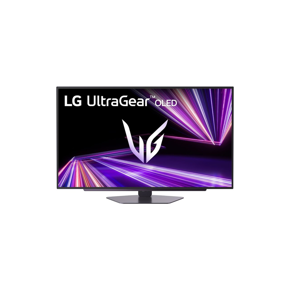 LG UltraGear OLED monitör, stilize edilmiş logo ve mor ışık izleri.