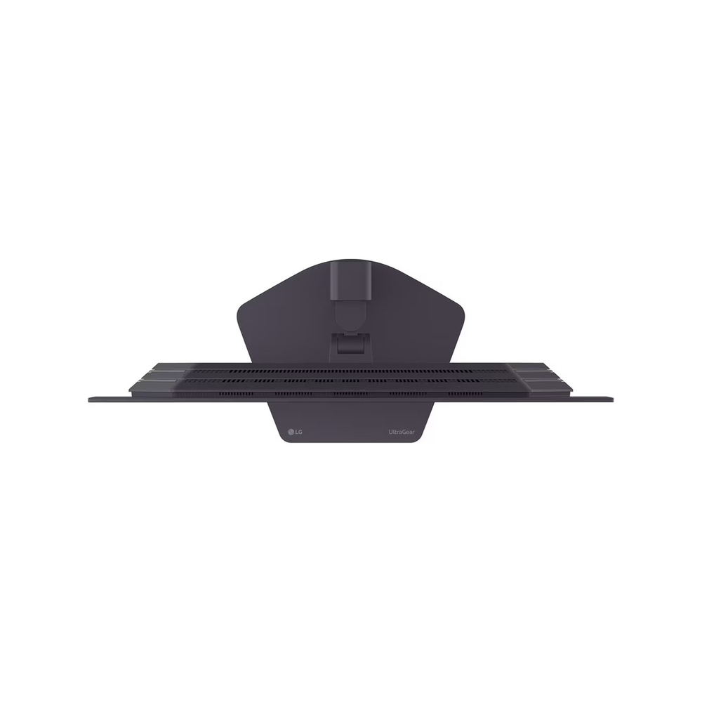 Geniş stantlı koyu renkli LG UltraGear monitörün üstten görünümü.