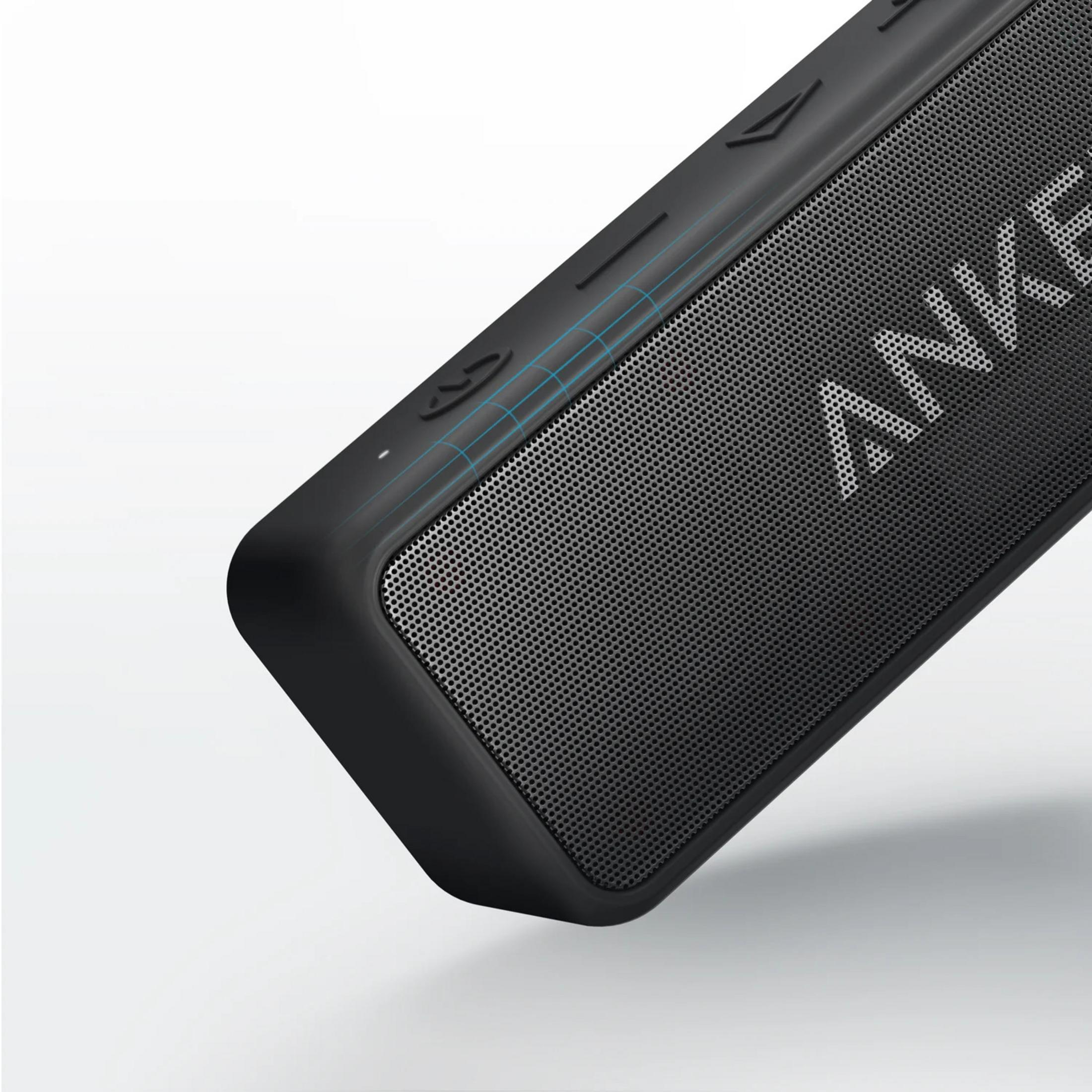Altoparlante Bluetooth Anker nero con griglia metallica e pulsanti.