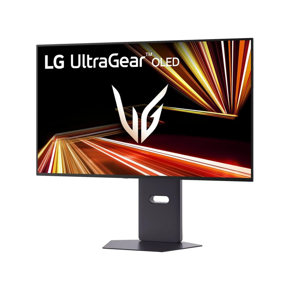 Fütüristik grafik ve ayaklı siyah bir LG UltraGear OLED monitör.