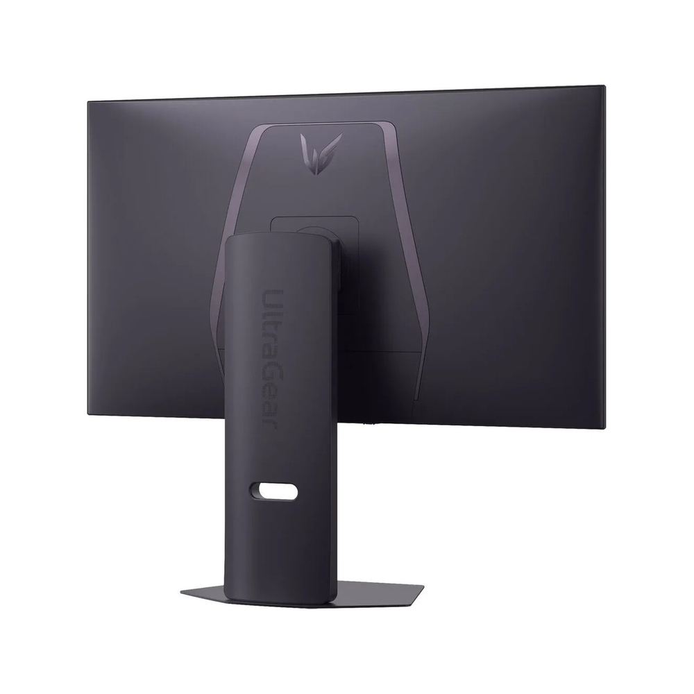 Gümüş stantlı ve LG logolu siyah monitörün arka görünümü.