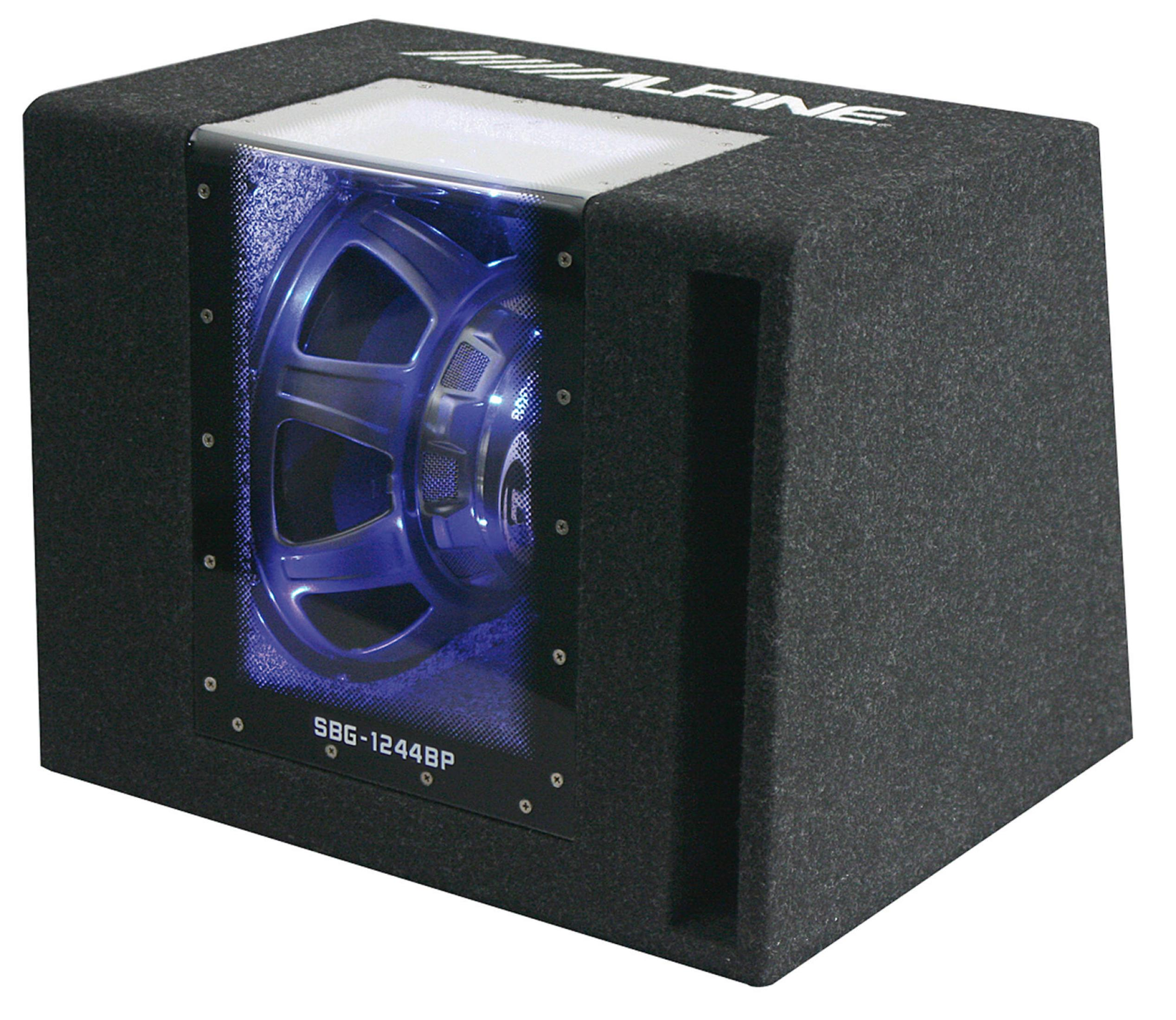 Schwarzer Subwoofer-Kasten mit blau beleuchtetem Lautsprecher und Alpine-Logo.