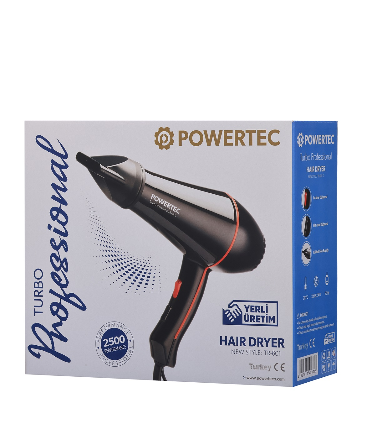 Siyah ve turuncu Powertec saç kurutma makinesi aksesuarlarıyla kutusunda.