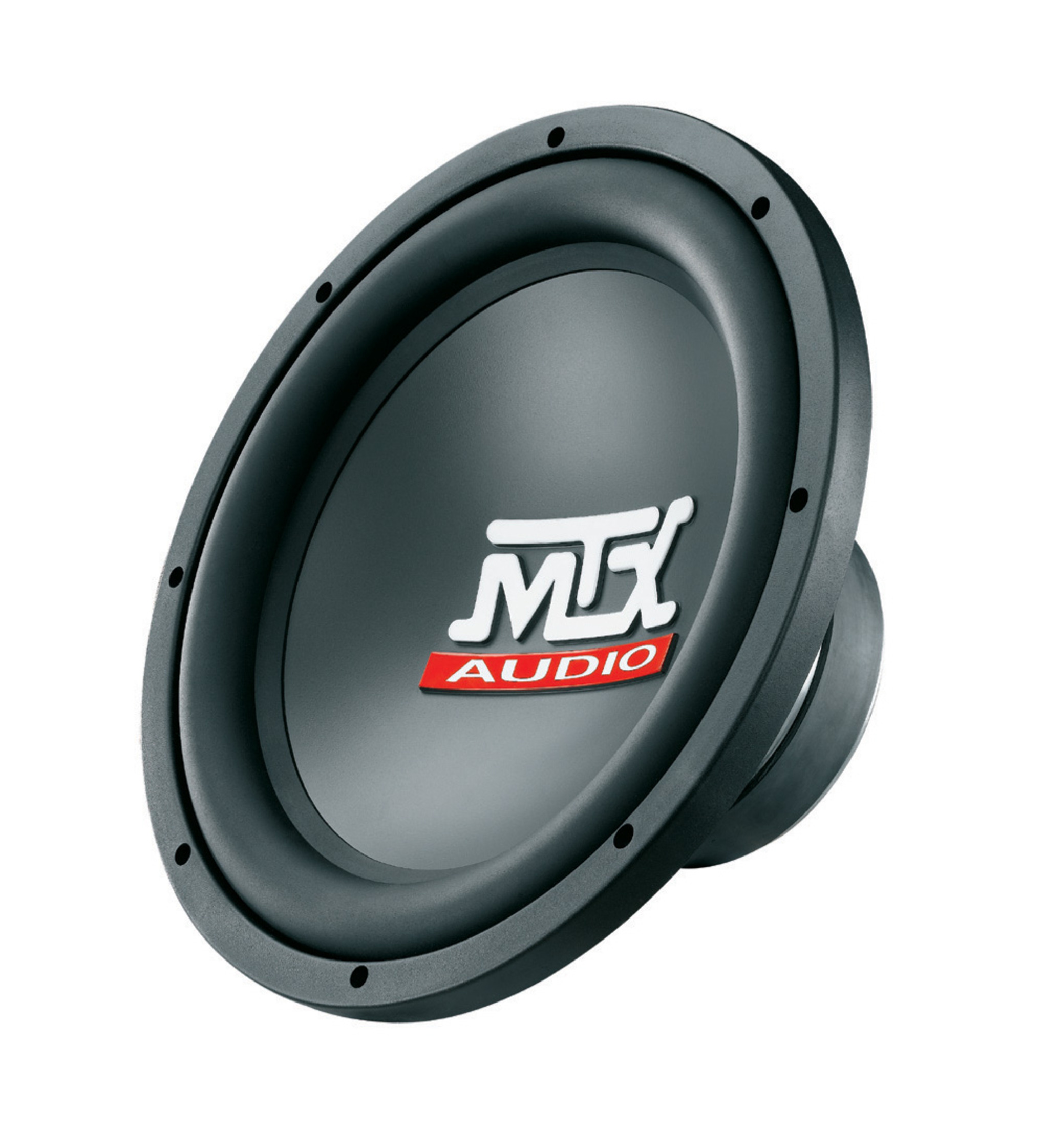 Schwarzer MTX Audio Subwoofer mit weißem Logo und rotem Streifen.