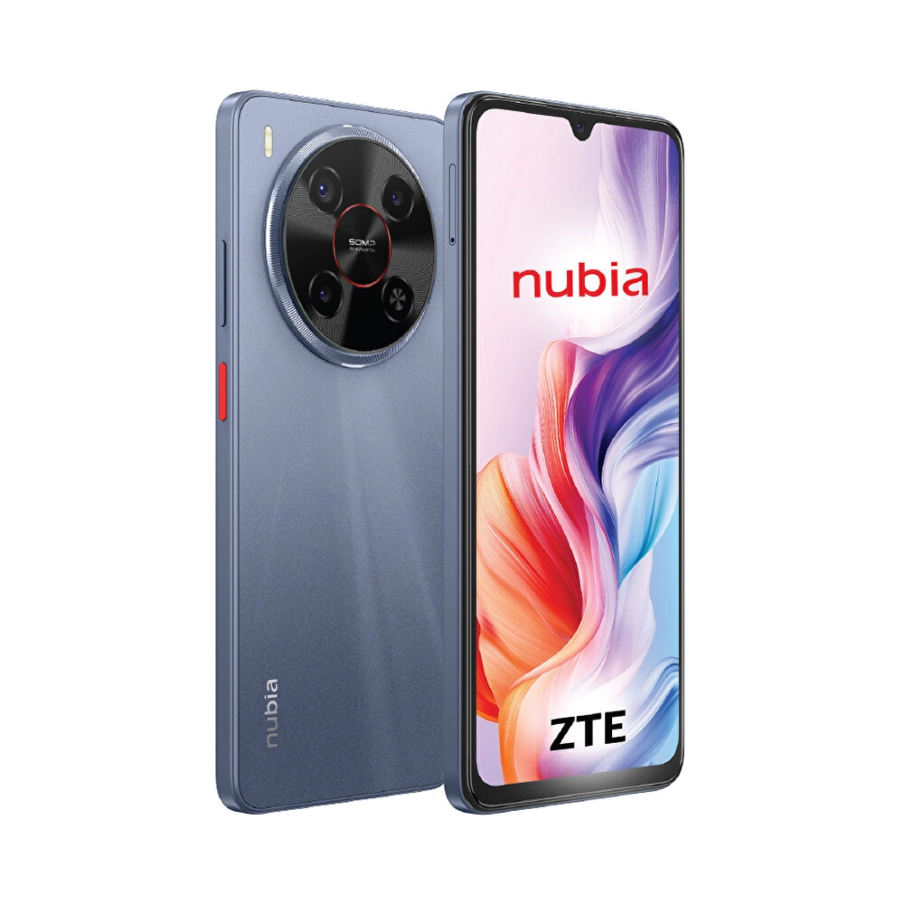Belirgin kameraya ve soyut duvar kağıdına sahip mavi bir Nubia akıllı telefon.