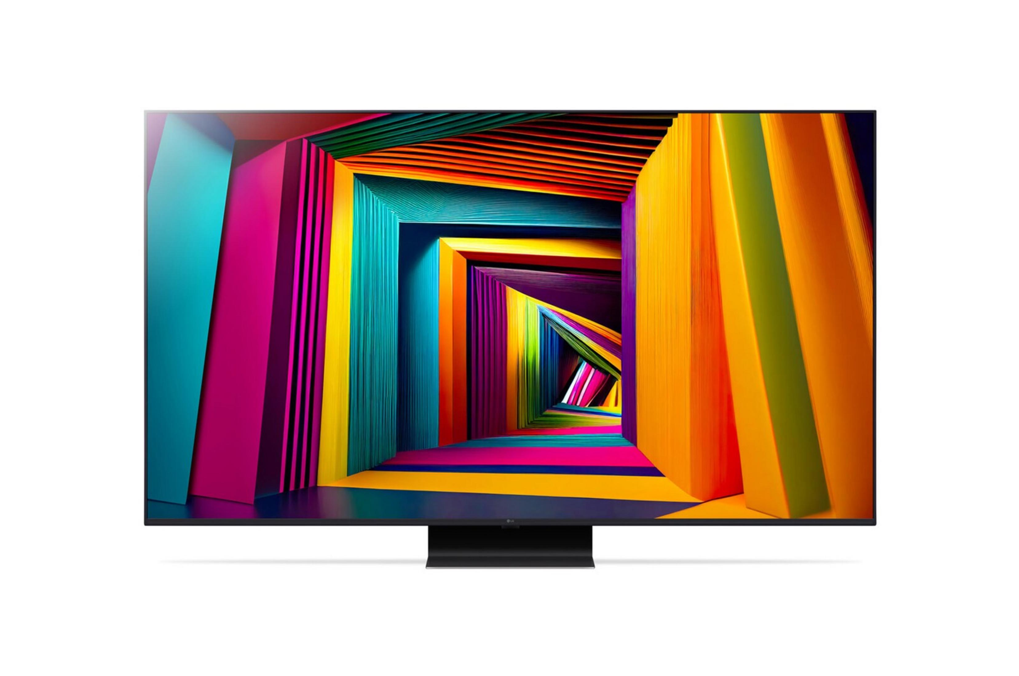 Un televisor negro moderno muestra una imagen abstracta y colorida de un túnel.