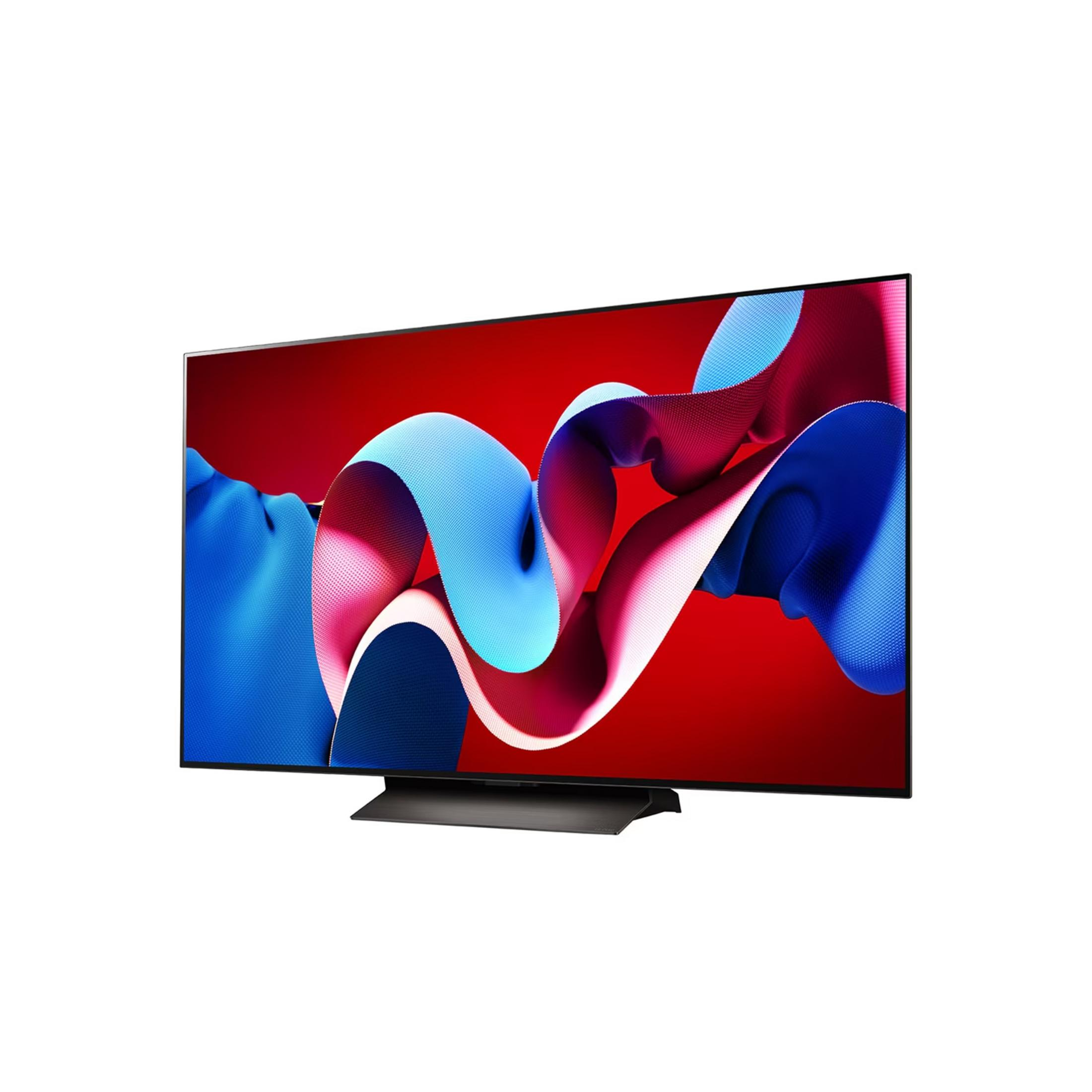 Un televisor moderno que muestra un fondo abstracto dinámico en tonos rojos, azules y rosas.