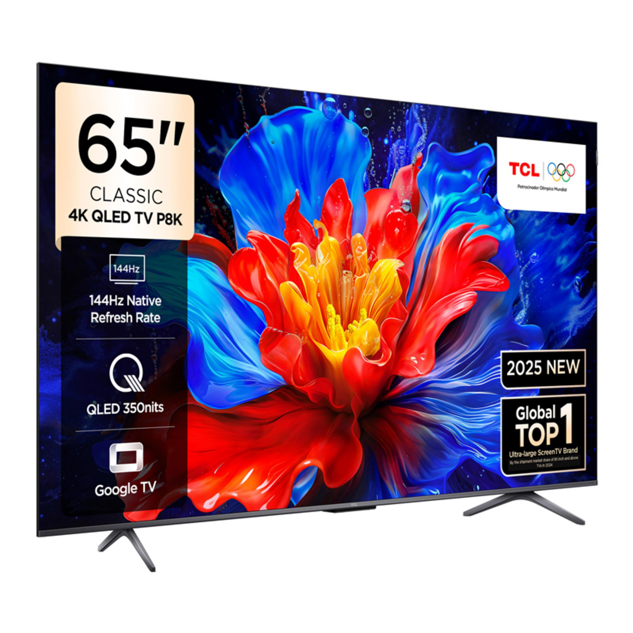Google TV'li, 144Hz'li ve canlı çiçekli 65 inç TCL 4K QLED TV.