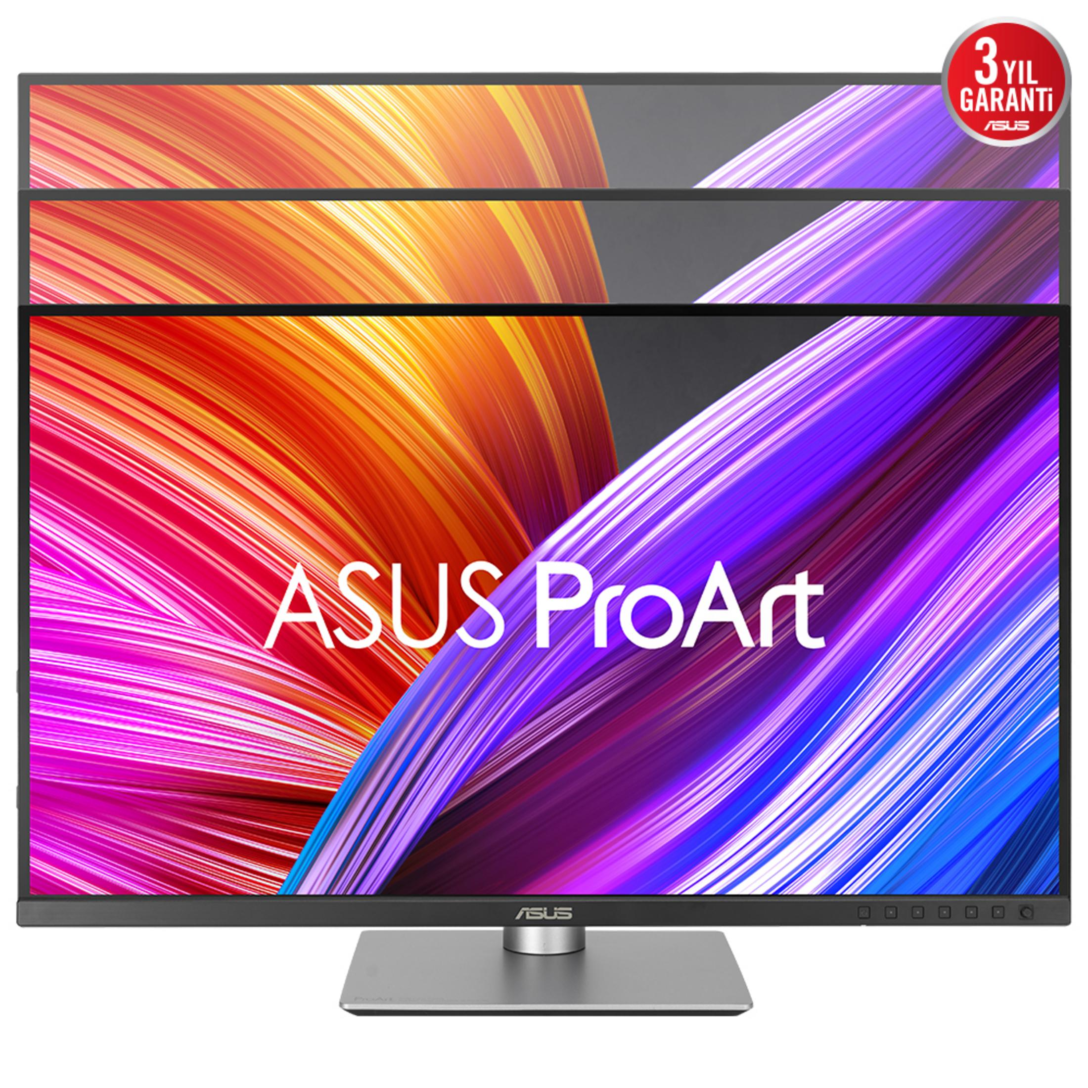 Monitor ASUS ProArt z kolorowym, abstrakcyjnym tłem i czerwoną naklejką gwarancyjną.