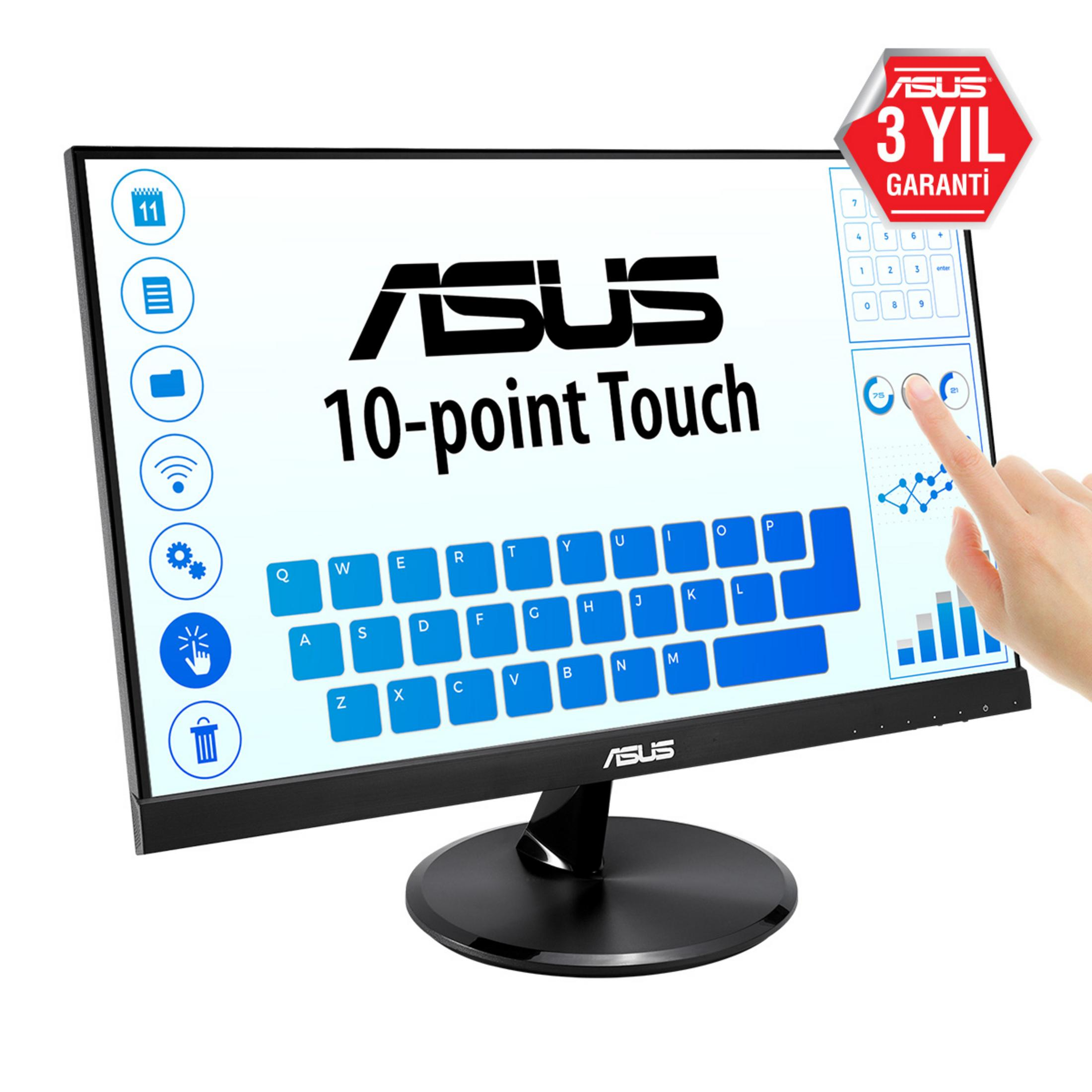Monitor dotykowy ASUS 10-punktowy wyświetlający wirtualną klawiaturę i ikony.