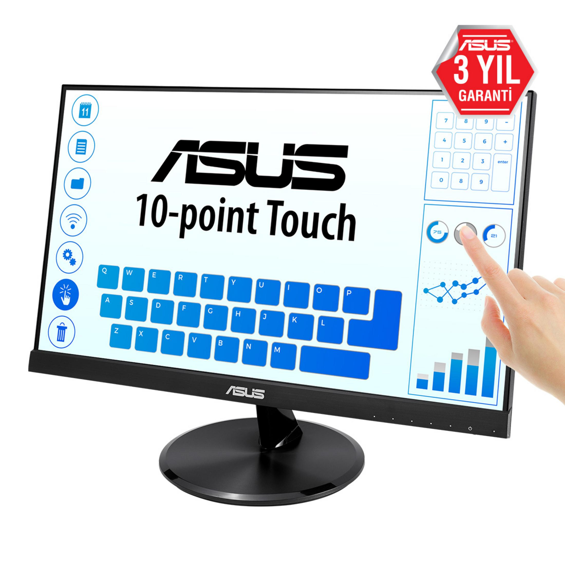 Monitor ASUS wyświetlający interfejs dotykowy 10-punktowy z klawiaturą i wykresami.