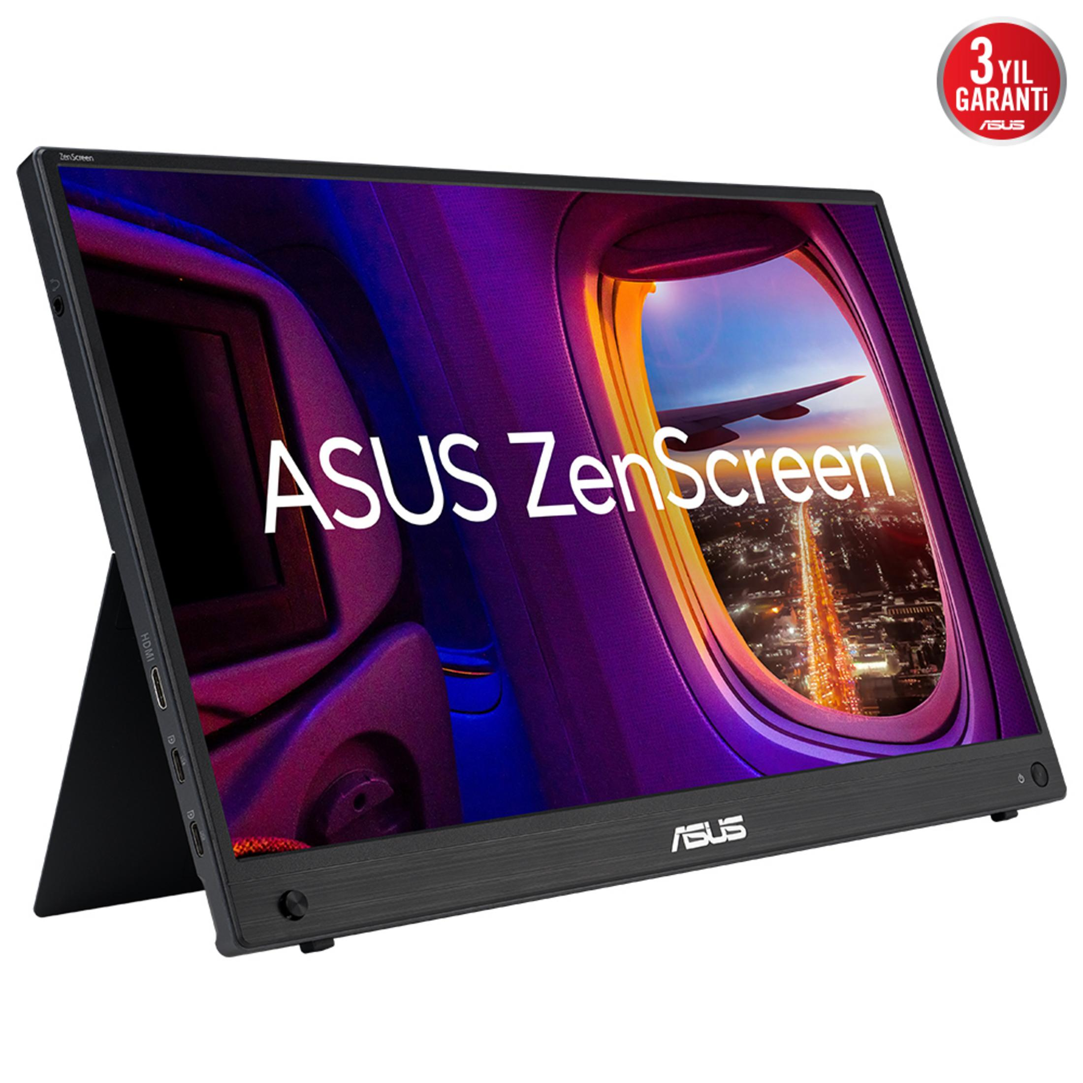 Monitor ASUS ZenScreen z tapetą okna samolotu. Czerwona pieczęć znajduje się w prawym górnym rogu.