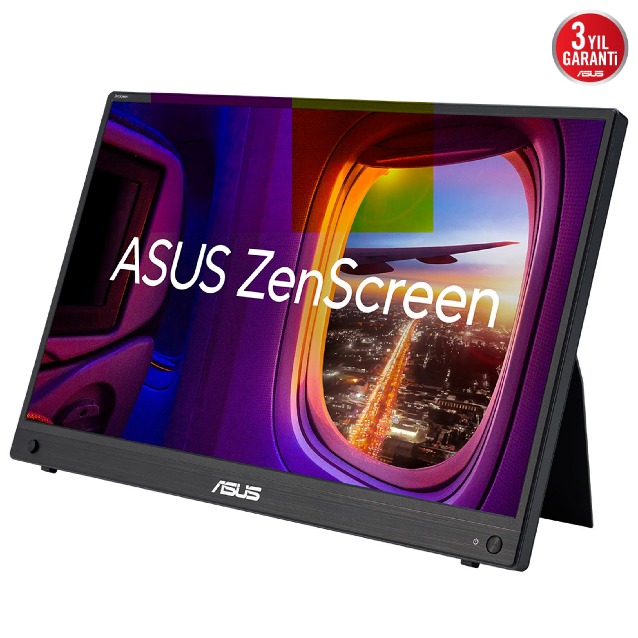 Przenośny monitor ASUS ZenScreen z widokiem przez okno samolotu i logo gwarancji.