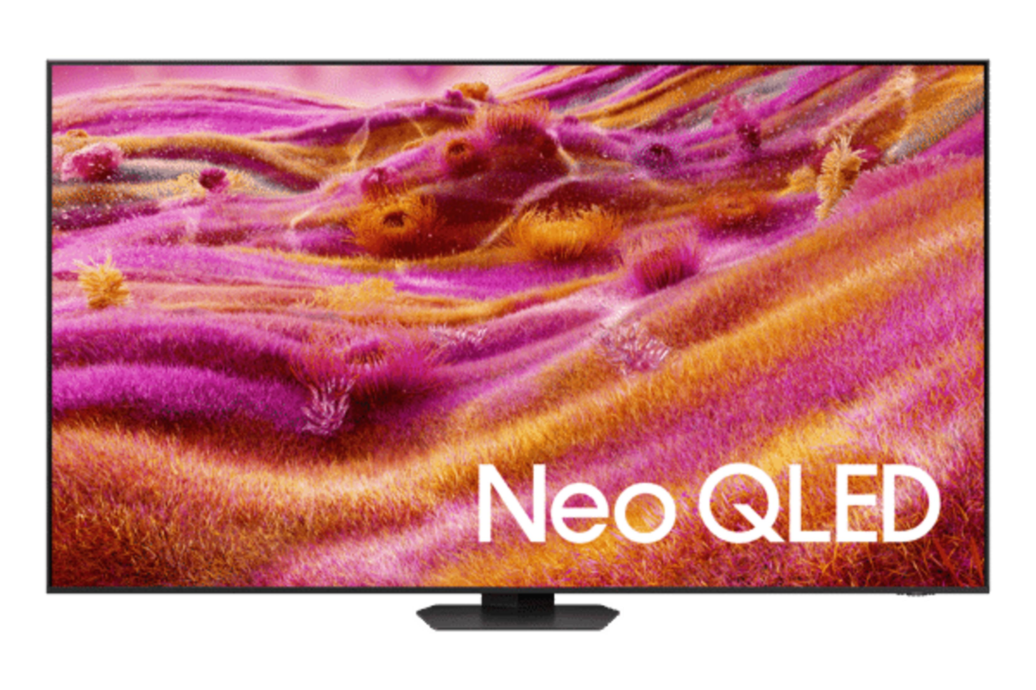 Renkli, soyut bir arka plan üzerinde "Neo QLED" yazısı bulunan modern bir televizyon.