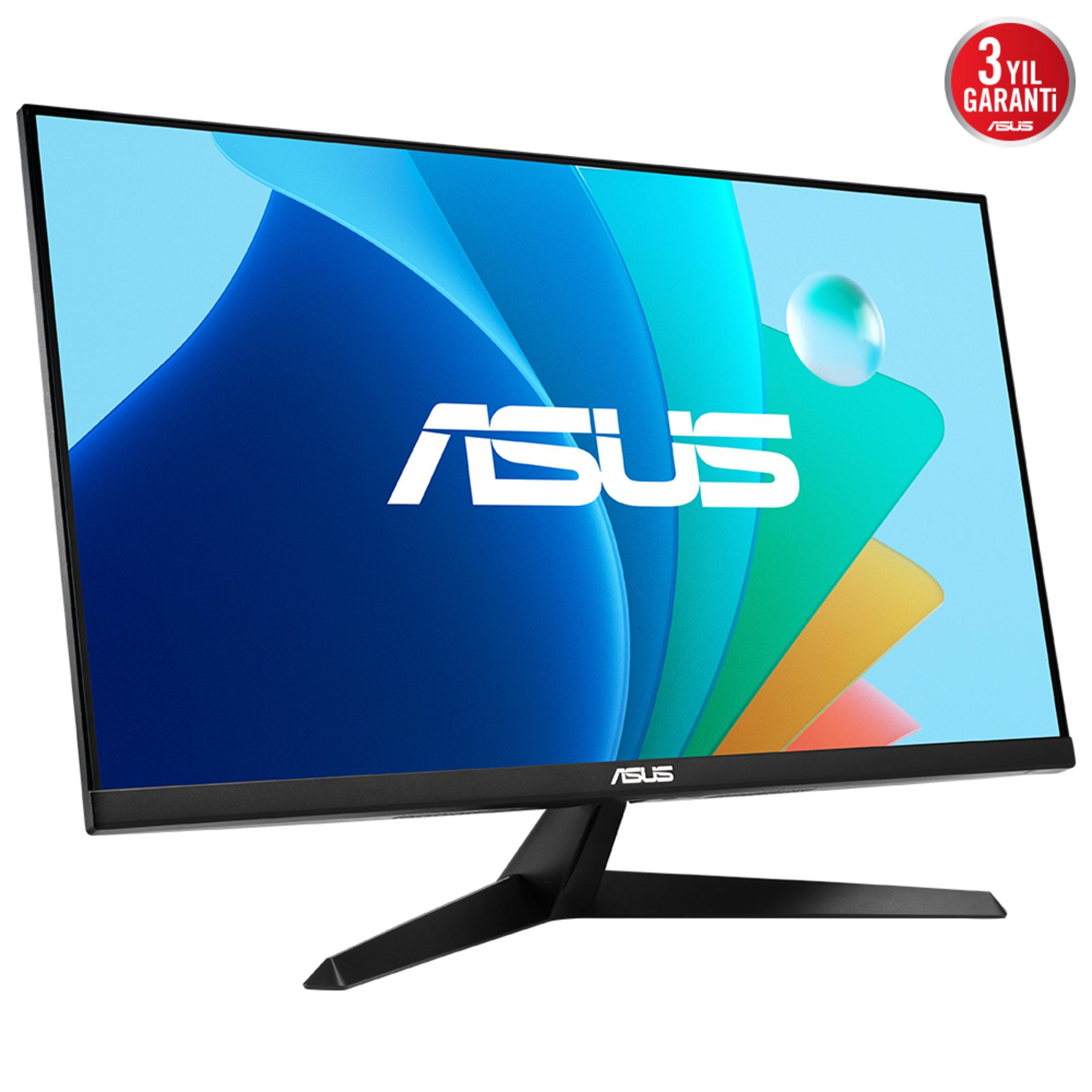 Un monitor Asus negro muestra un fondo abstracto colorido con un logo de 3 años de garantía.