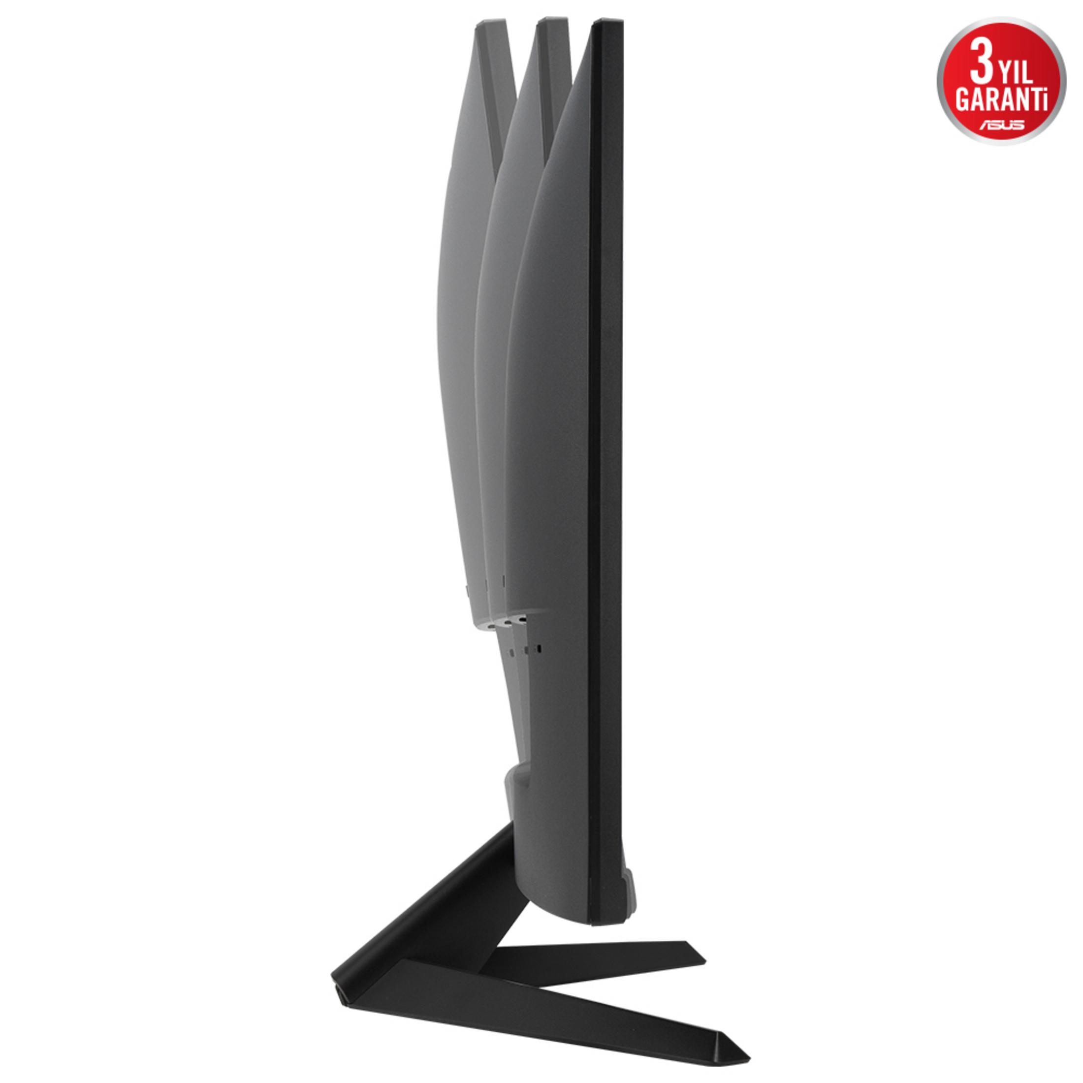 Un monitor negro con soporte triangular y logo rojo de garantía.