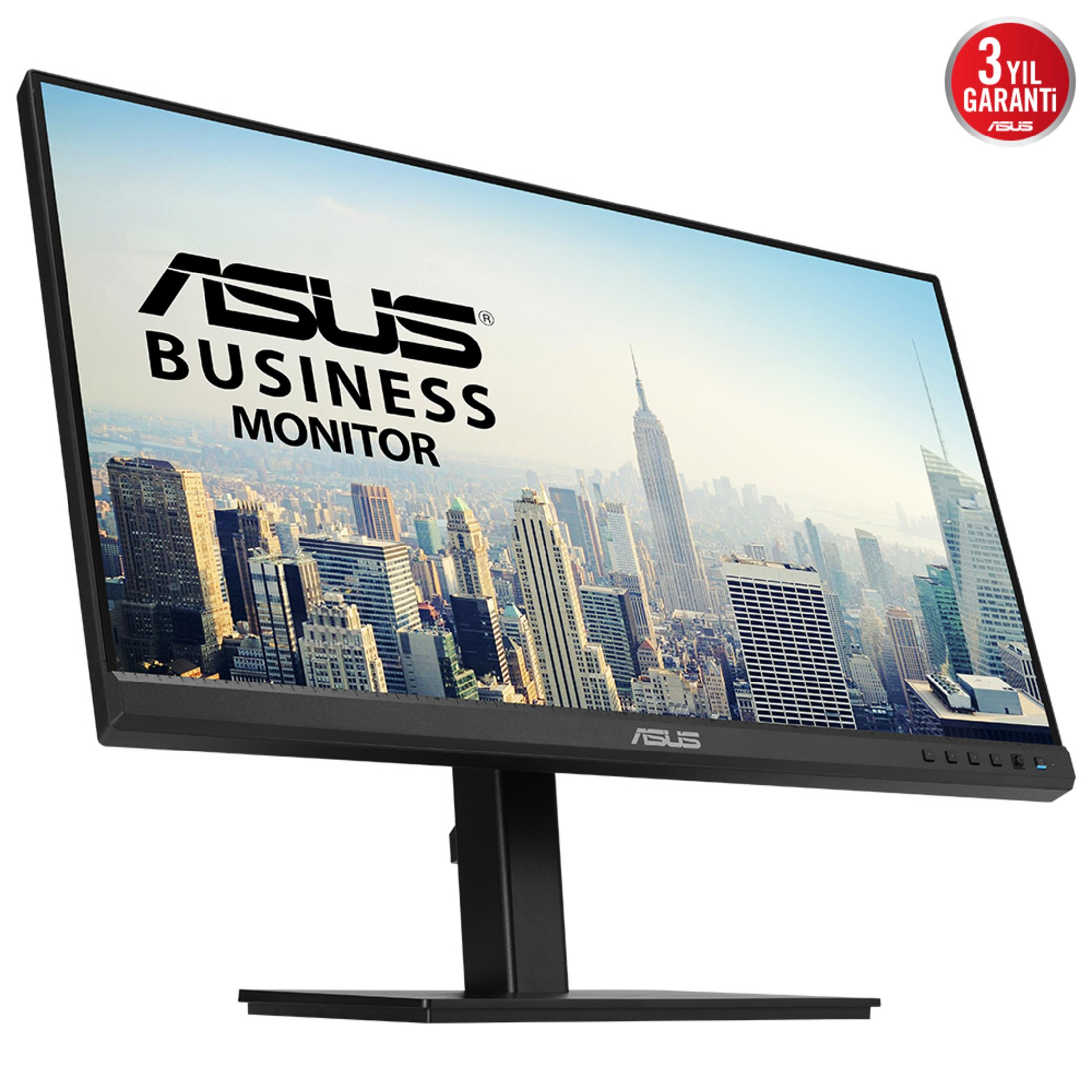 Monitor ASUS Business z panoramą miasta w tle i pieczęcią gwarancyjną.