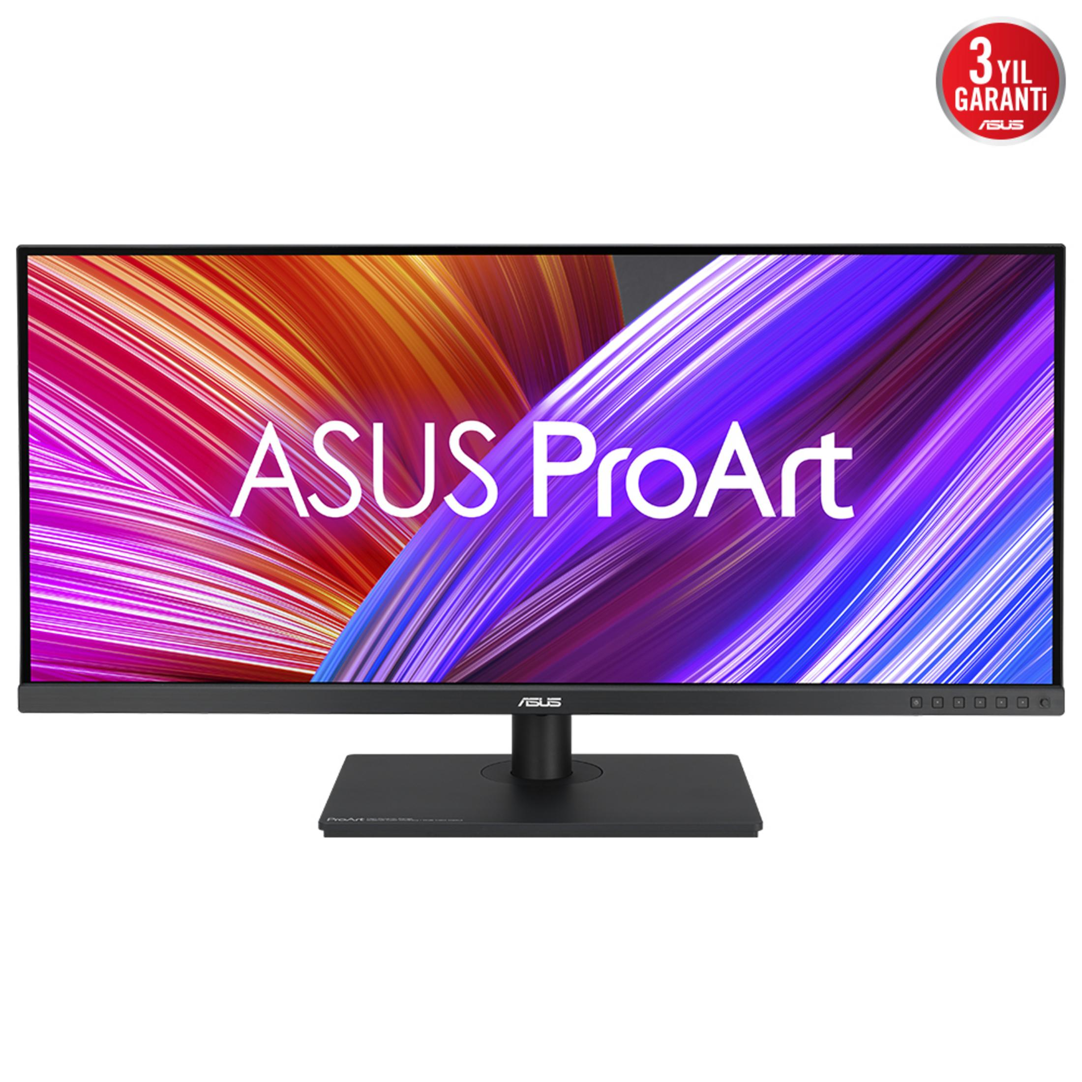 Monitor ASUS ProArt z kolorowym, abstrakcyjnym tłem i czerwonym znakiem 3-letniej gwarancji.
