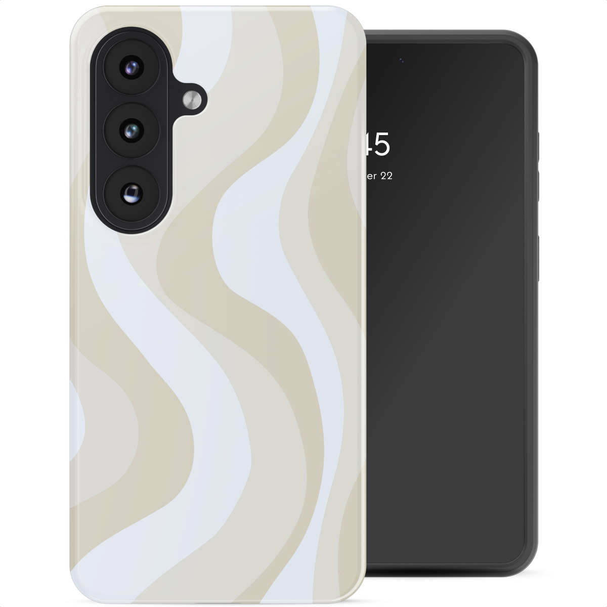 Een telefoonhoesje met een golvend patroon van beige en witte strepen wordt naast een zwarte smartphone getoond.
