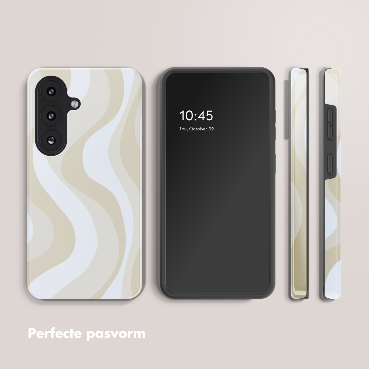Een telefoonhoesje met een beige en wit golvend patroon naast een smartphone.