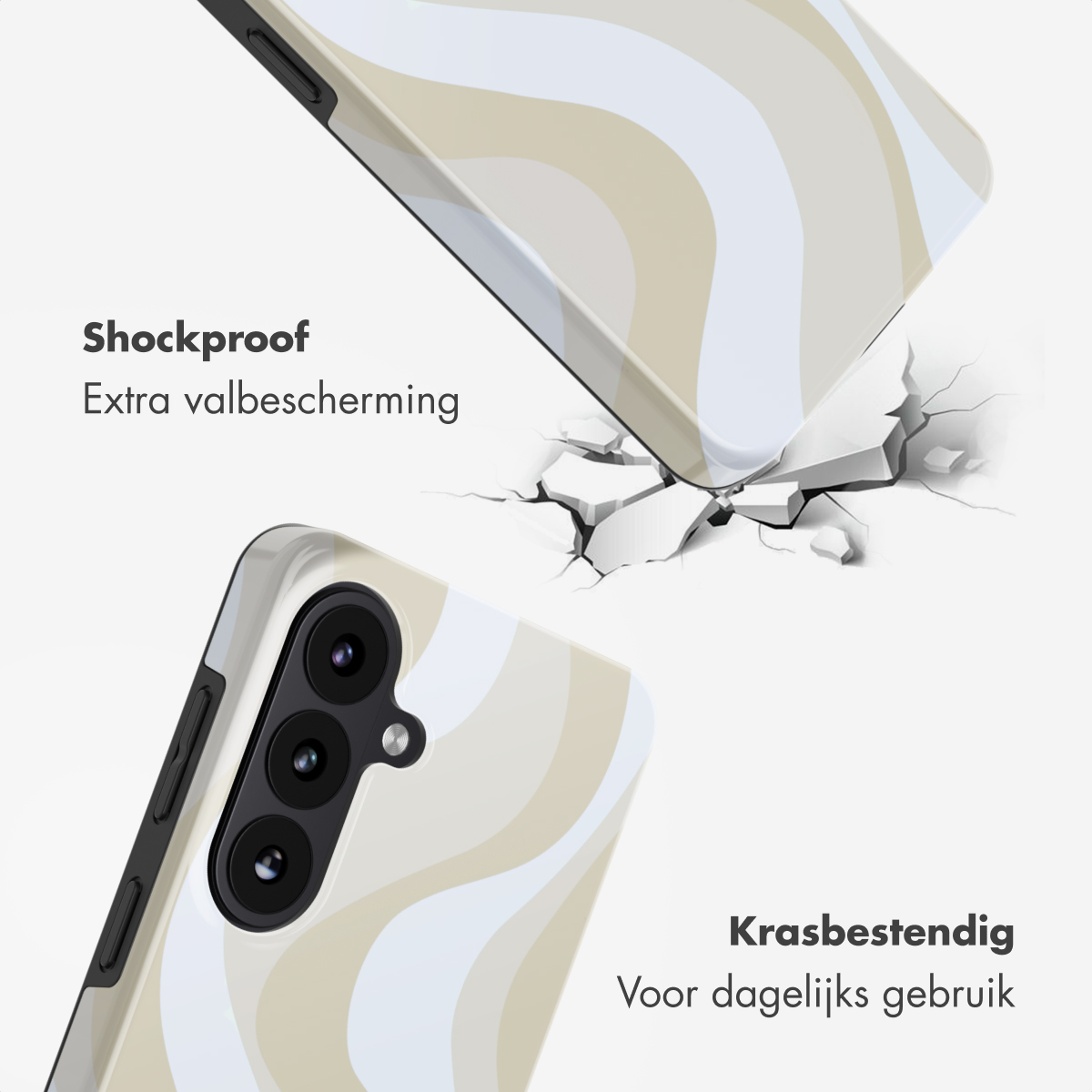 Telefoonhoesje met beige en wit golvend patroon, getoond met gebarsten grond effect.