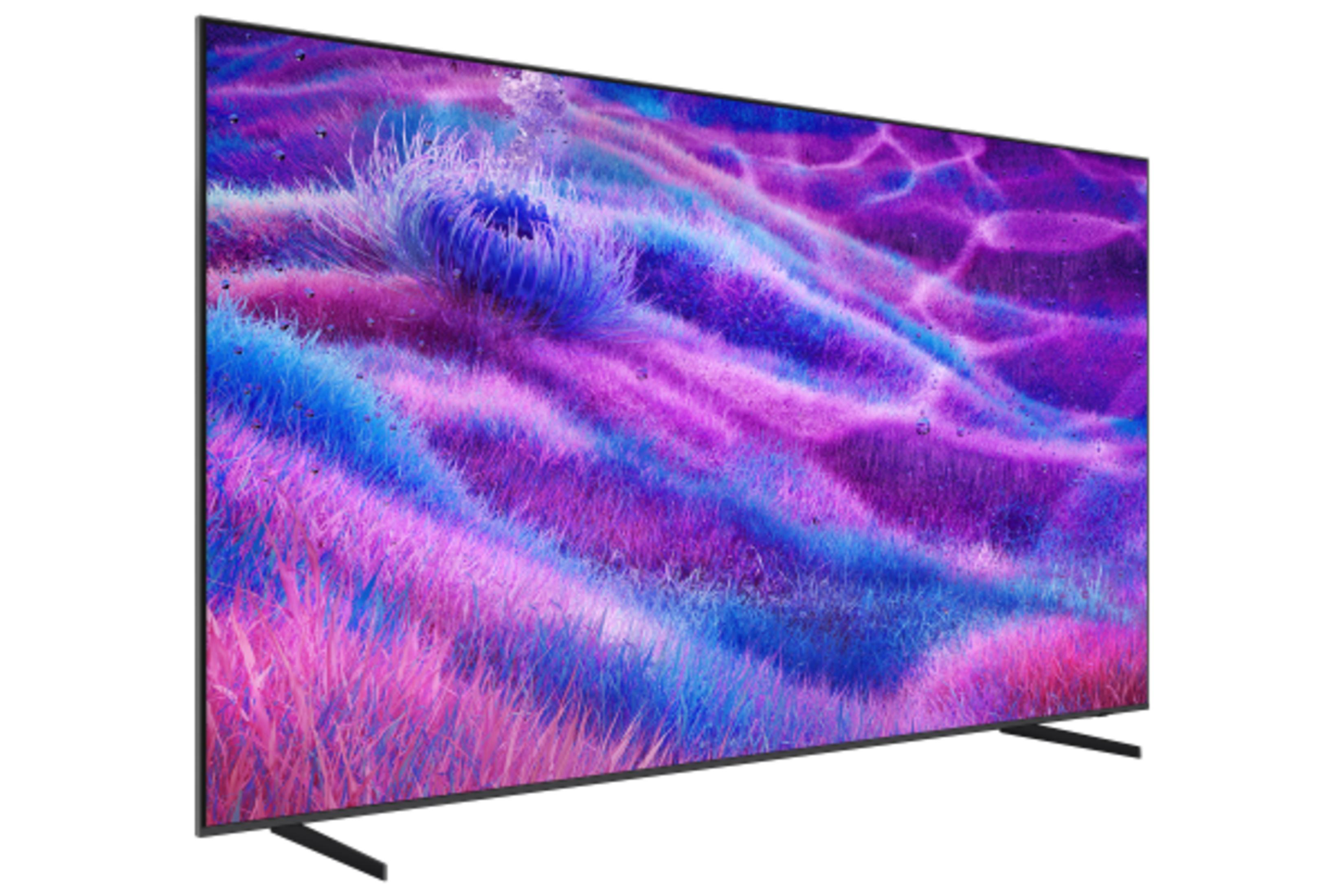 Canlı mor ve mavi soyut arka plana sahip modern düz ekran TV.
