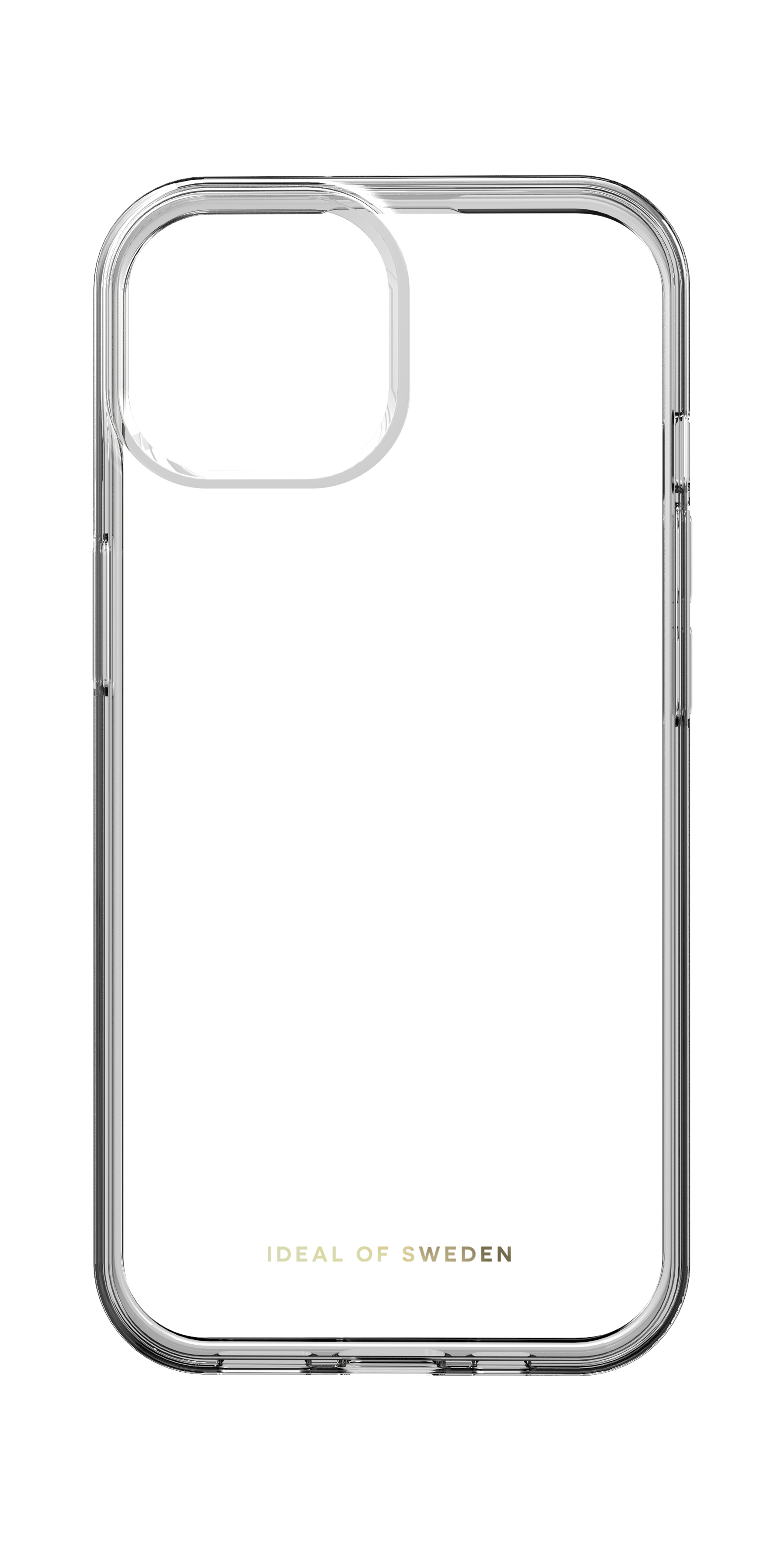 Altın rengi IDEAL OF SWEDEN yazılı şeffaf telefon kılıfı.