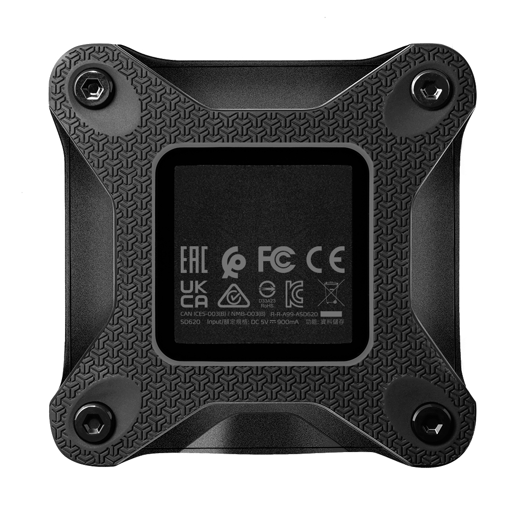 Czarne urządzenie z nadrukiem logo i śrubami w rogach.