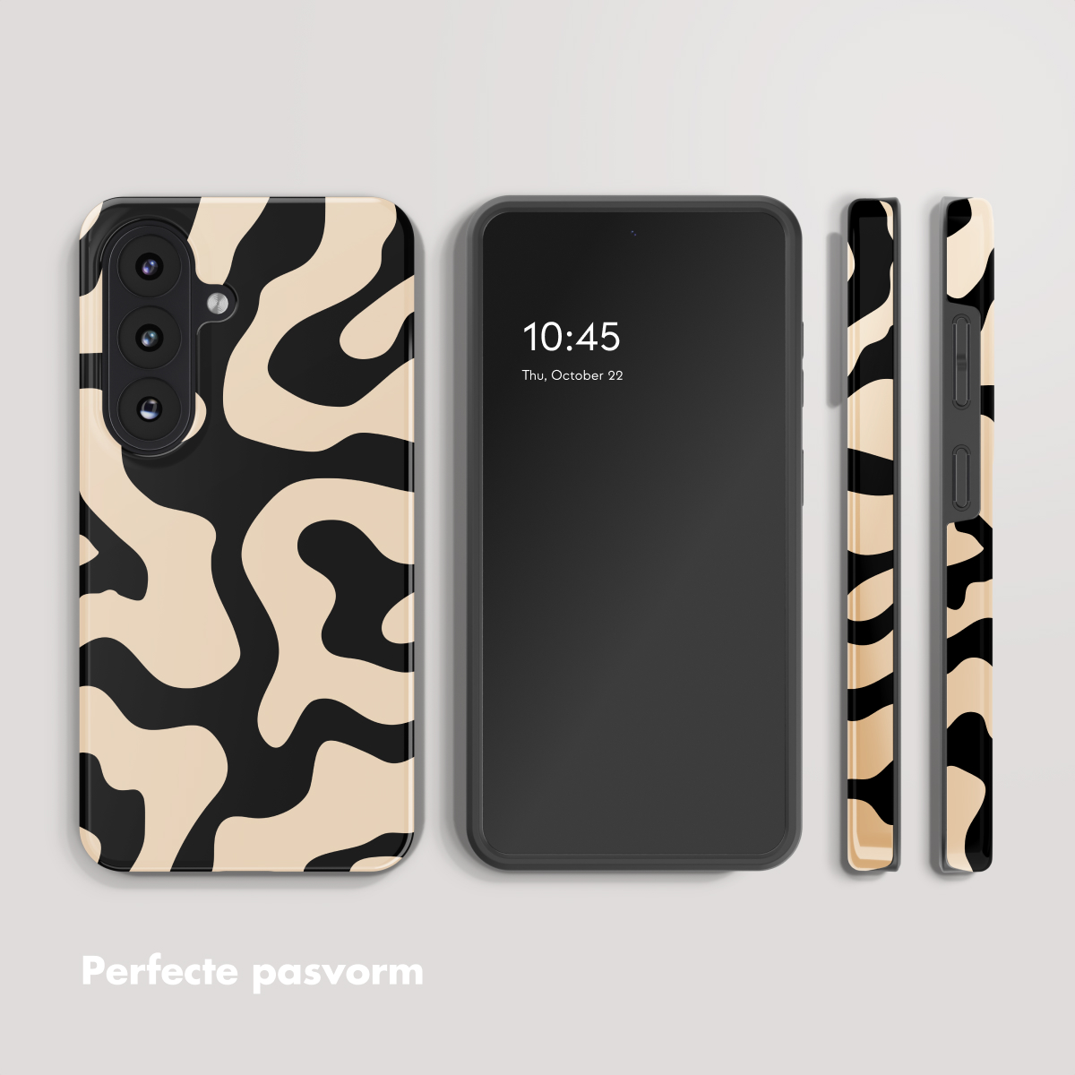 Een telefoon met een zwart en beige patroon, ernaast een telefoon en een telefoonhoesje.
