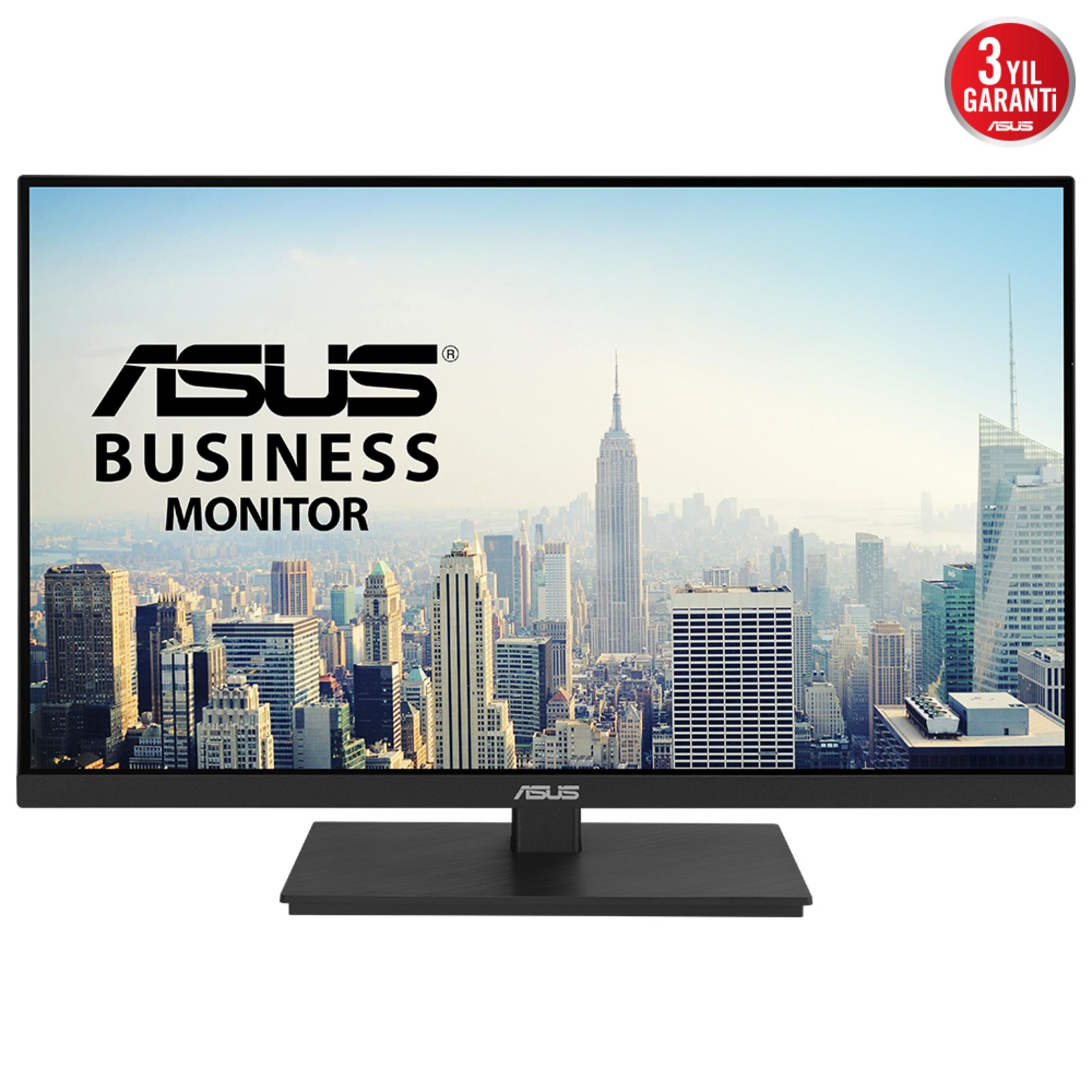An Asus Business Monitor displaying a city skyline with a warranty logo.