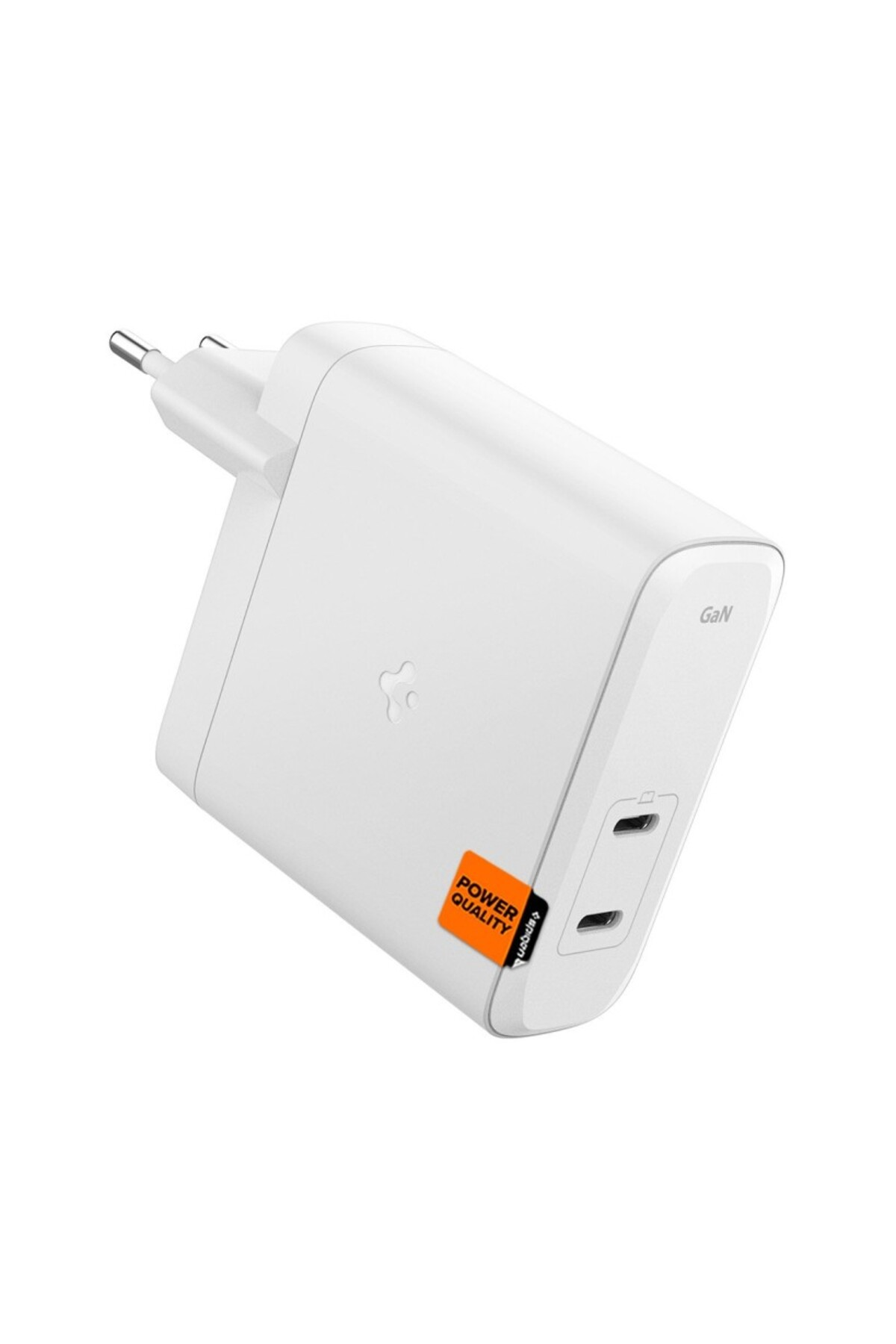 İki USB-C bağlantı noktasına ve Avrupa fişine sahip beyaz GaN şarj cihazı.