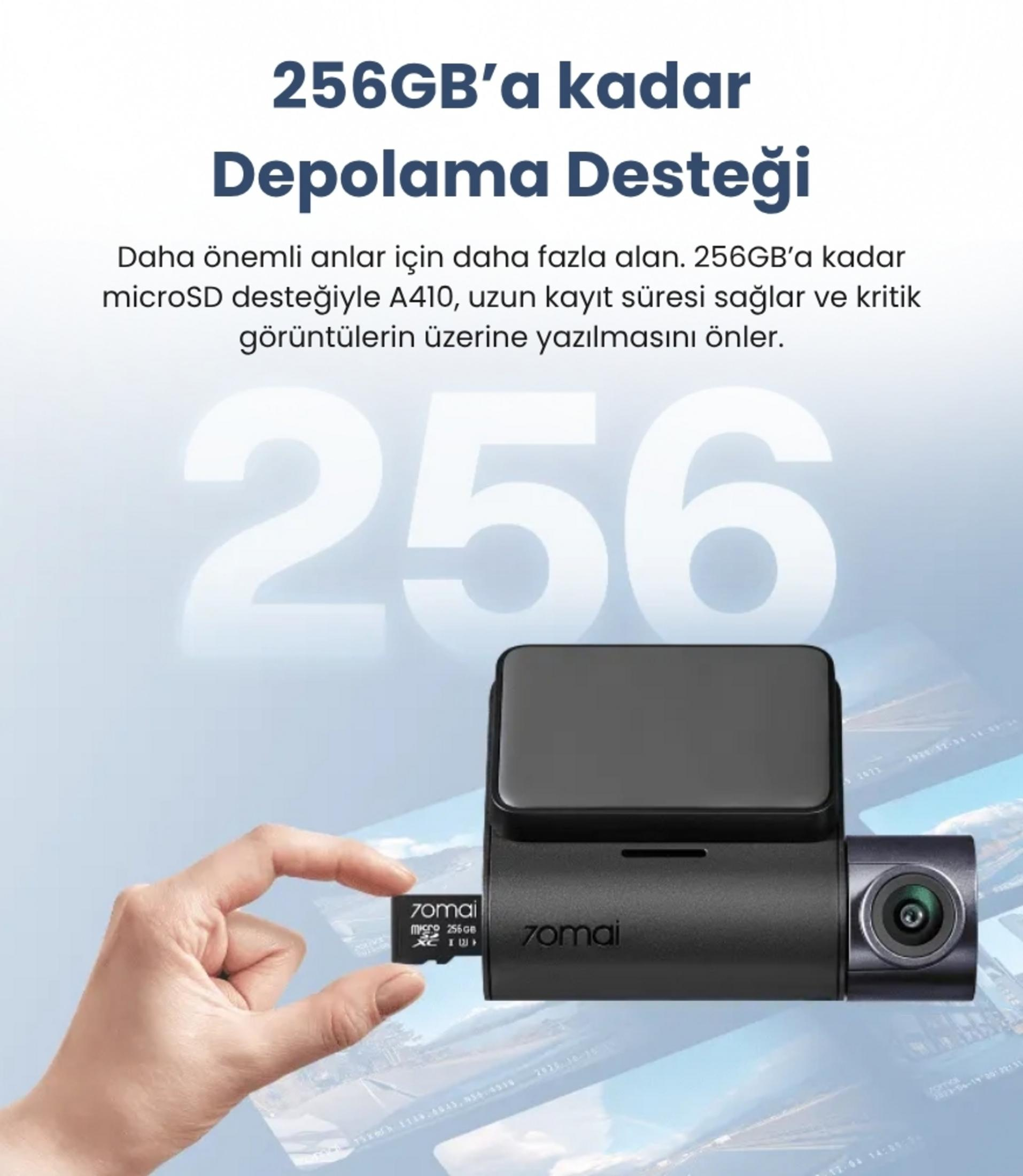 Una mano tiene una scheda microSD da 256 GB davanti a un'auto con il numero 256.
