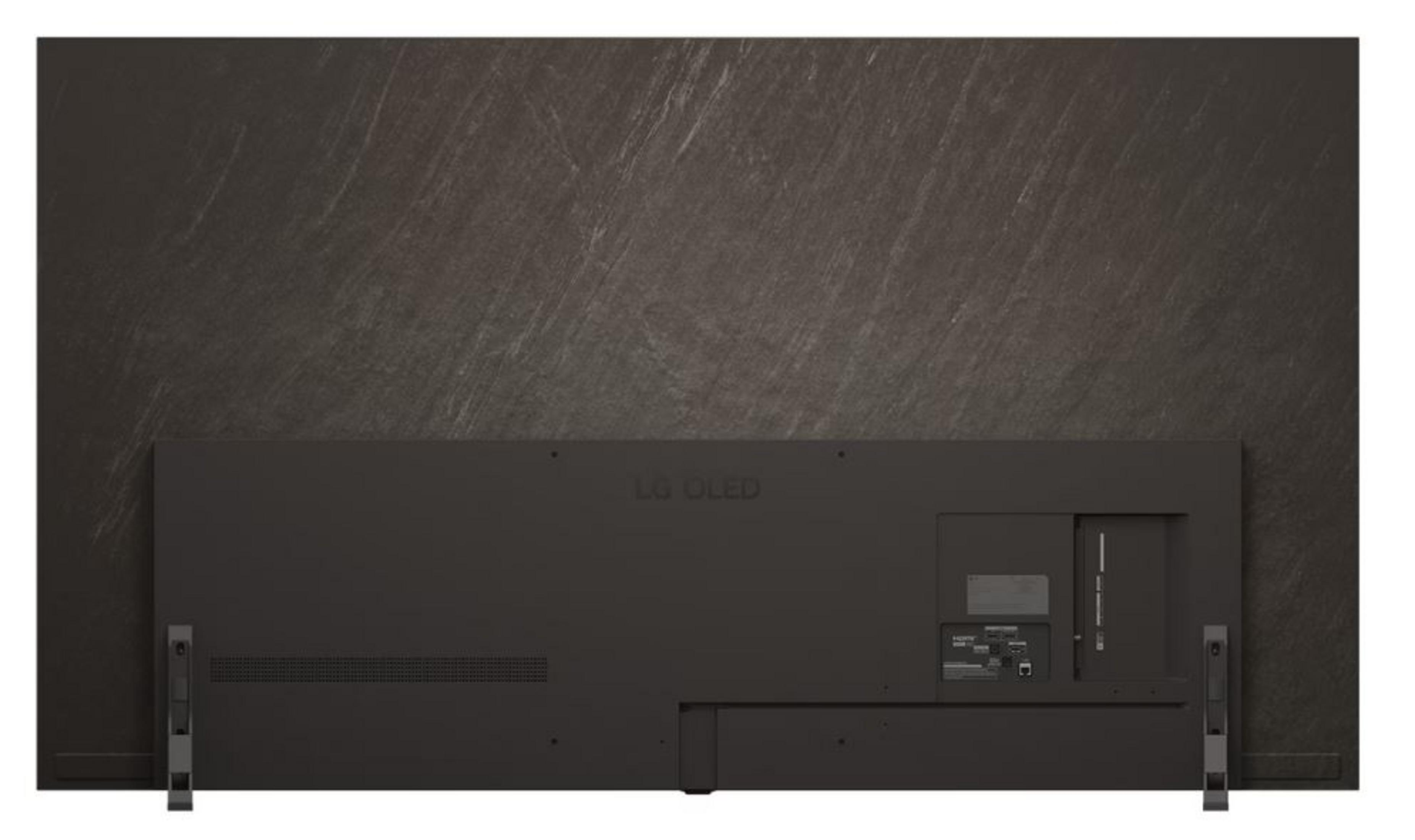 Bağlantı noktaları ve stantları olan siyah bir LG OLED TV'nin arka görünümü.