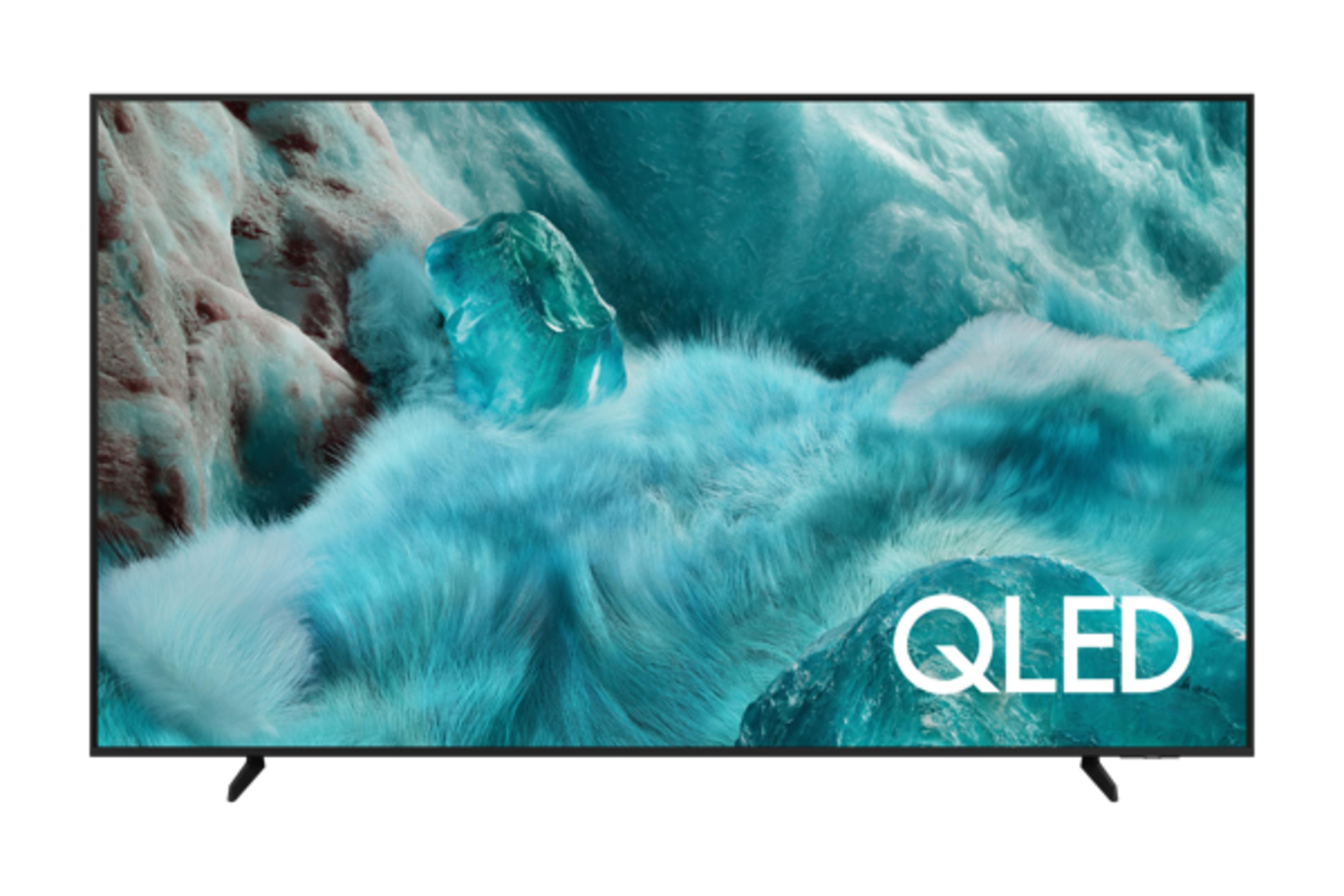 Buz mavisi kayalar ve kabarık doku görüntüsü gösteren modern bir QLED TV.