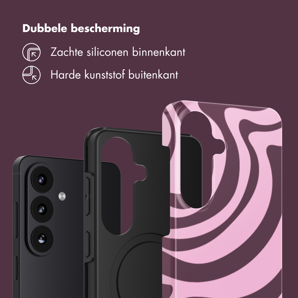Een zwarte smartphone met hoes, zachte binnenkant, harde buitenkant.