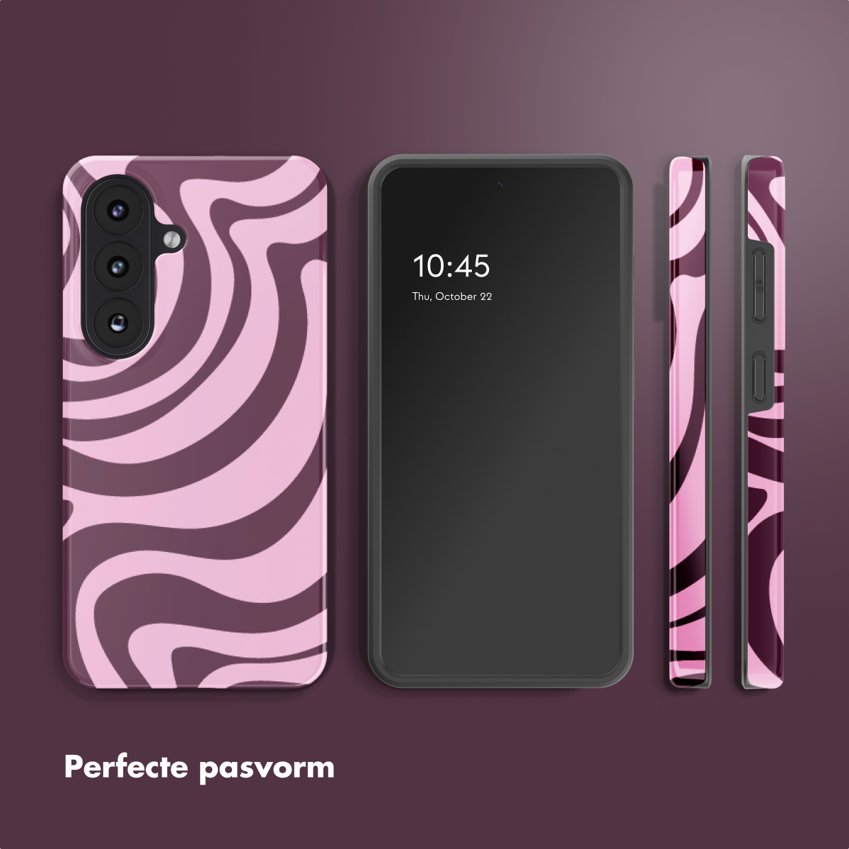 Telefoonhoesje met roze en bruin draaikolkpatroon, naast een smartphone.