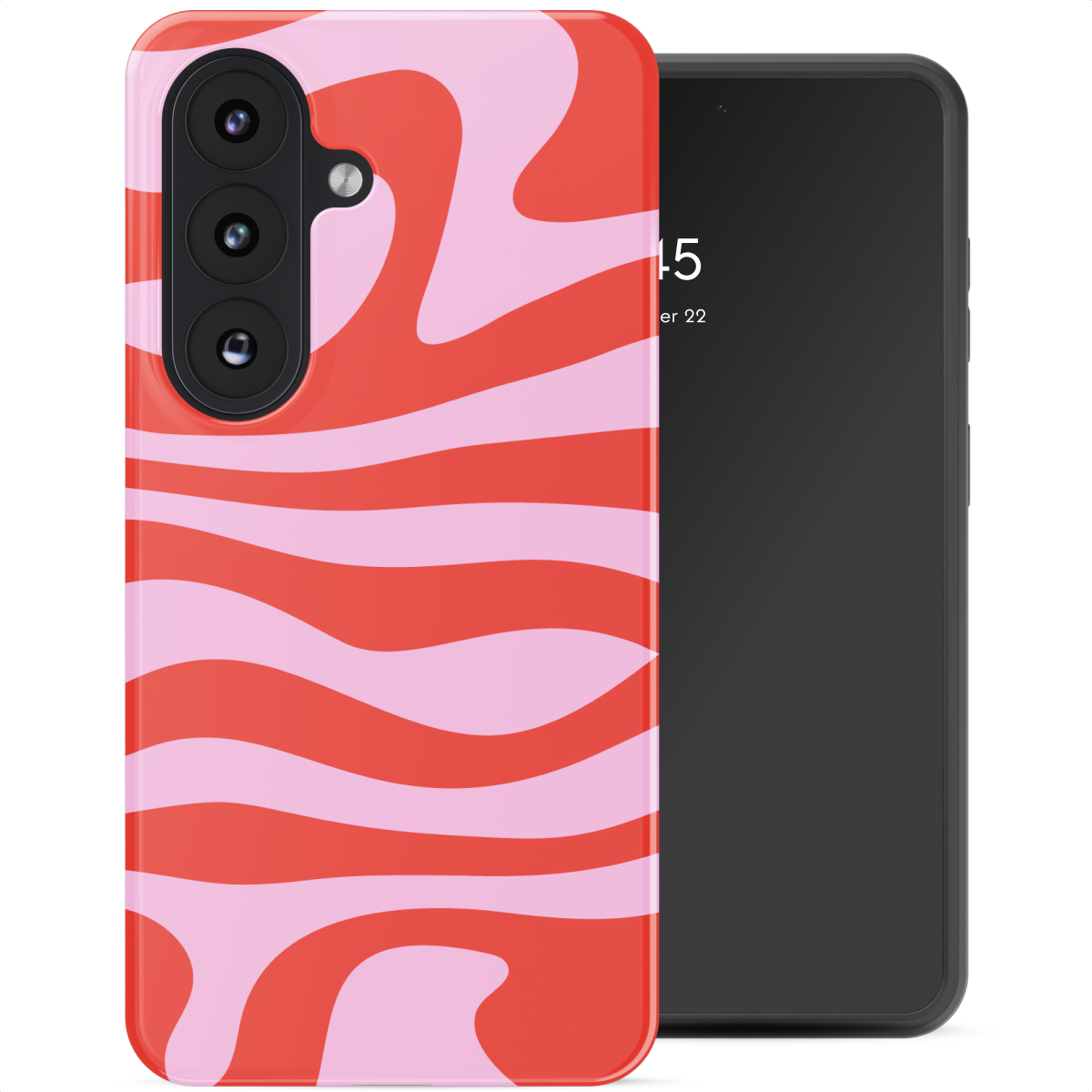 Een rood en lichtroze telefoonhoesje met golvende lijnen naast een zwarte smartphone.
