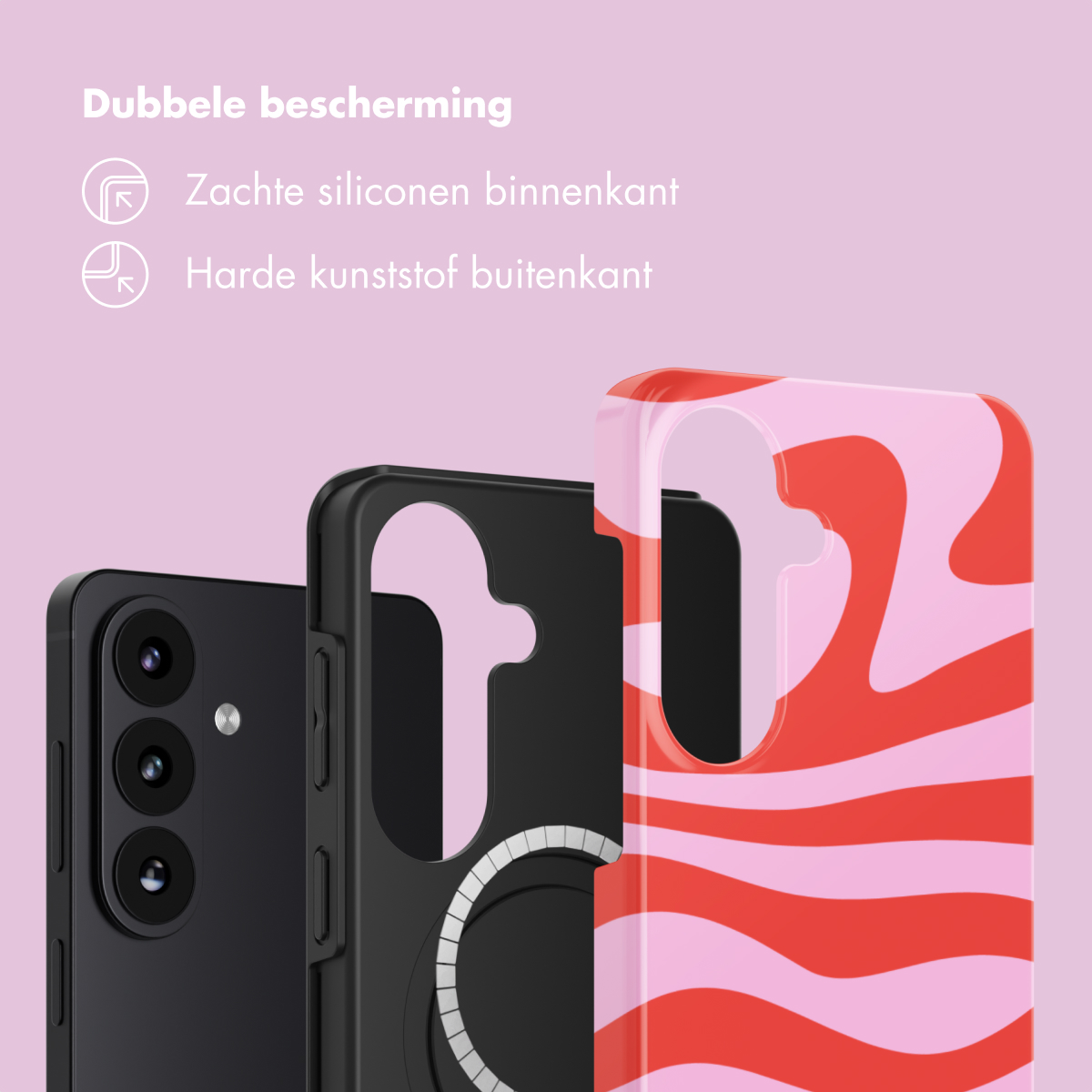 Drie telefoonhoesjes: zwart met camera's, zwart met MagSafe, en een kleurrijk hoesje.