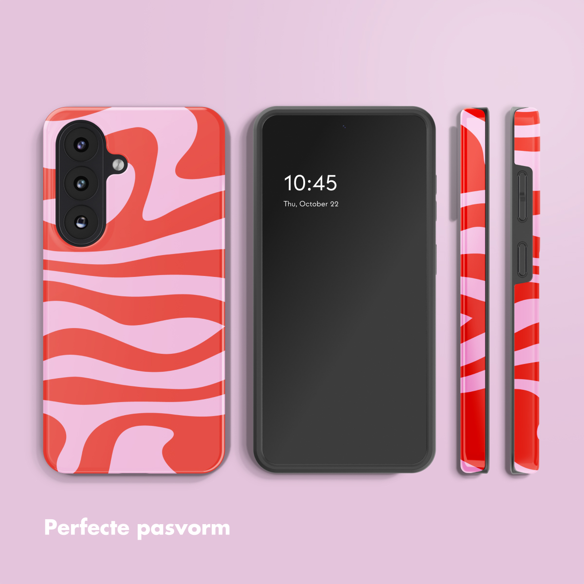 Een telefoon met een rood en roze golvend patroon hoesje.