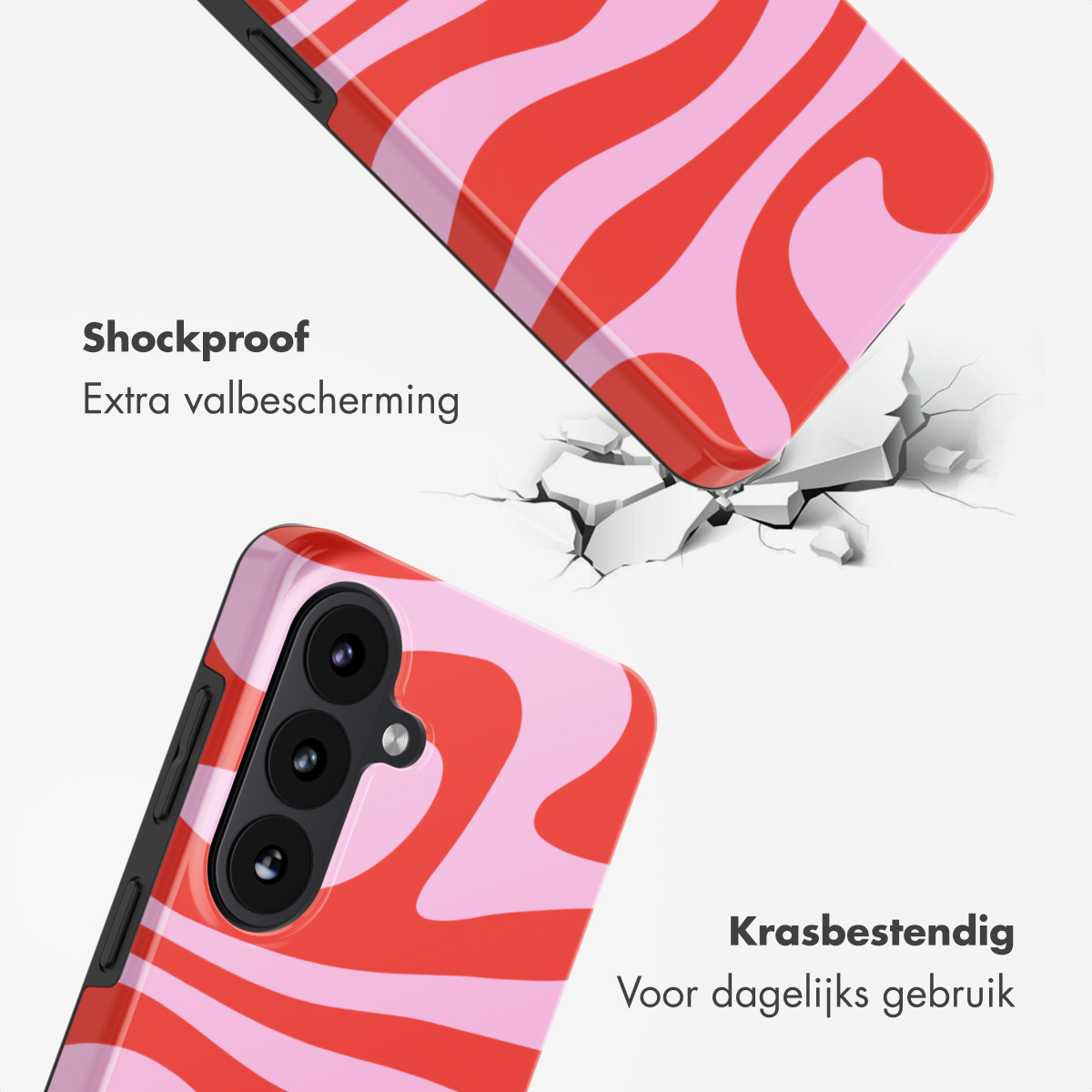 Rood en roze golvend patroon telefoonhoes valt op gebarsten grond.