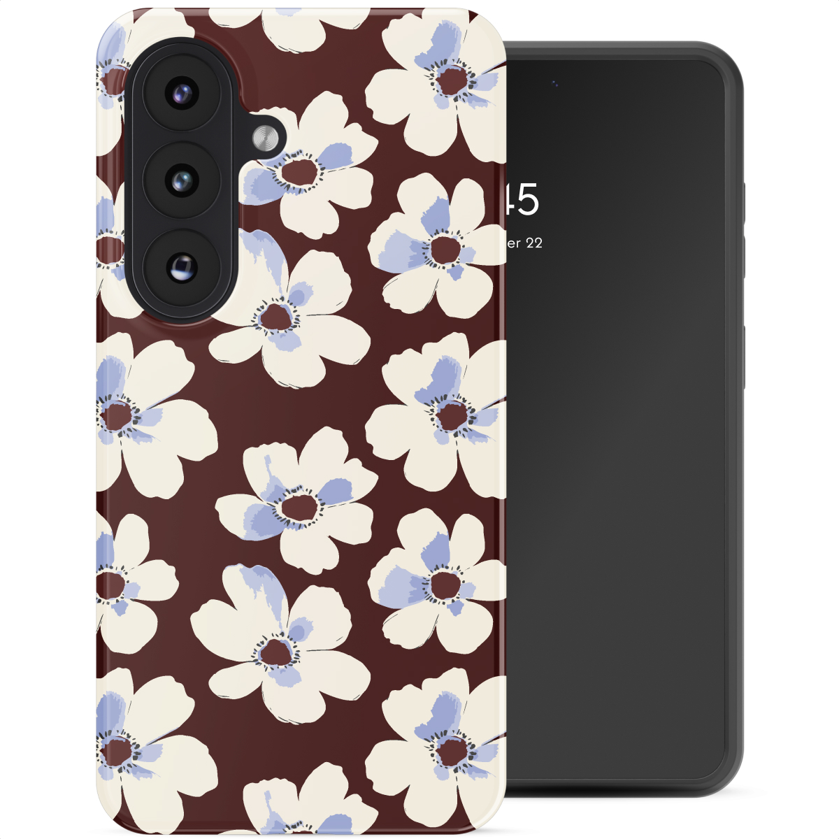 Een bruine telefoonhoes met een patroon van witte en lichtblauwe bloemen.