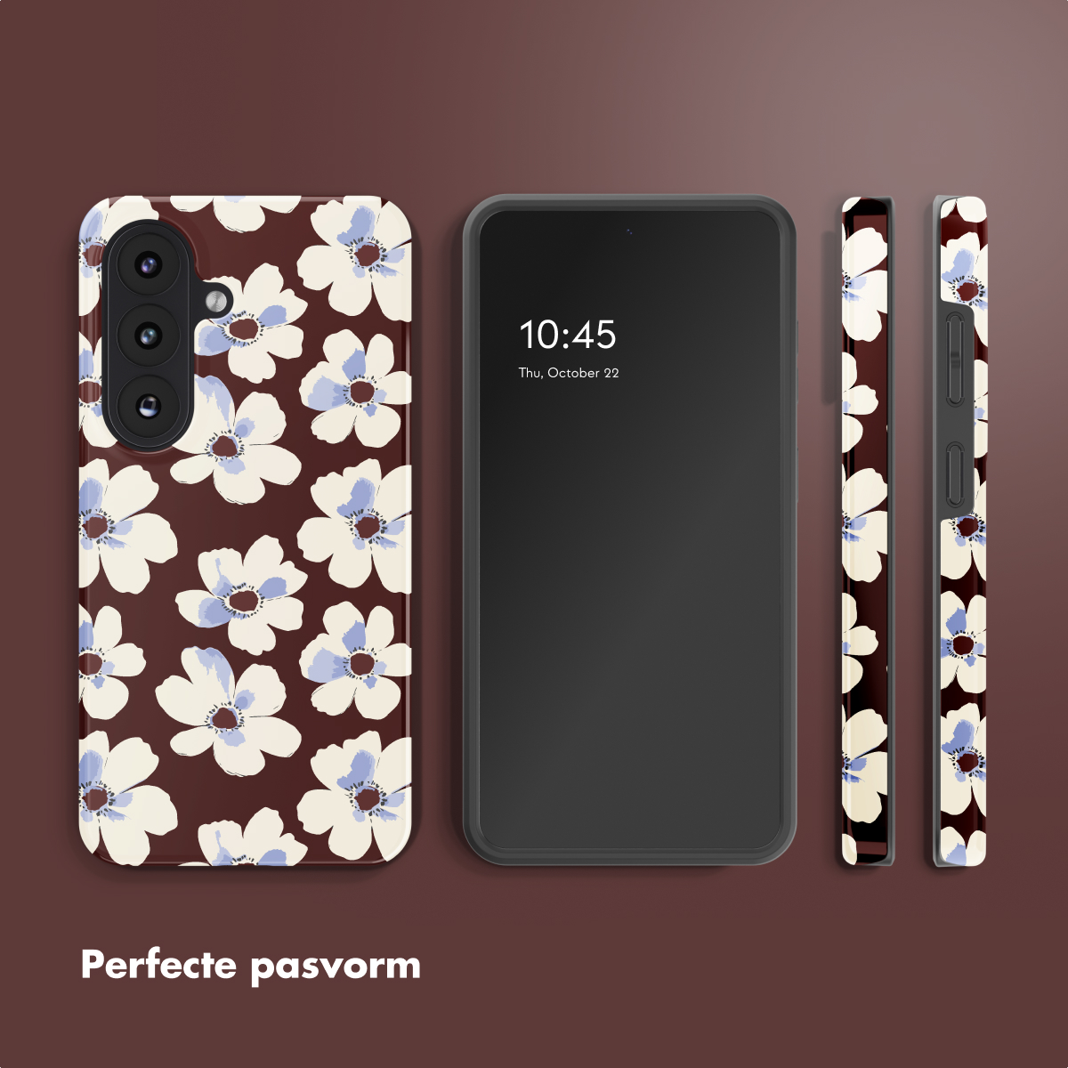 Een telefoon met een bruine hoes met witte en blauwe bloemen.